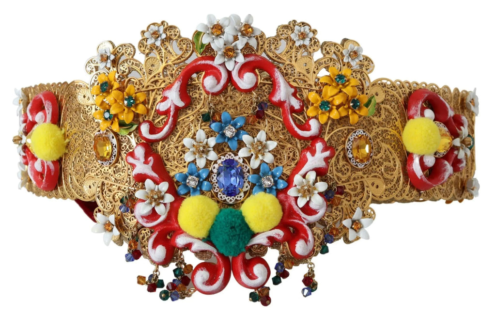 Gold wide waist belt with floral crystal embellishments, colorful pom-poms, and intricate braided detailing.