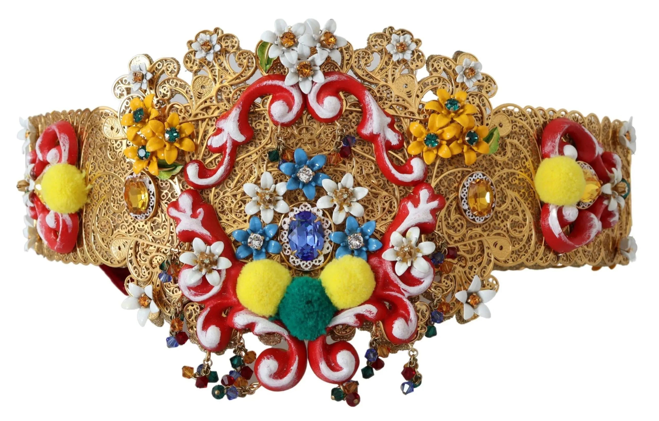 Gold wide waist belt with floral crystal embellishments, colorful pom-poms, and intricate braided detailing.