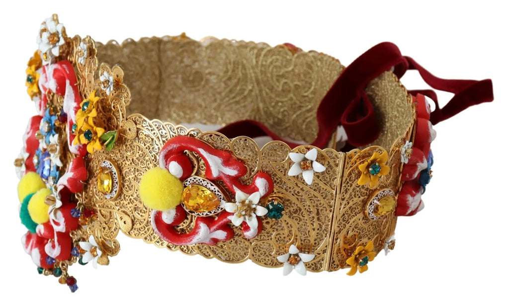 Gold wide waist belt with floral crystal embellishments, colorful pom-poms, and intricate braided detailing.