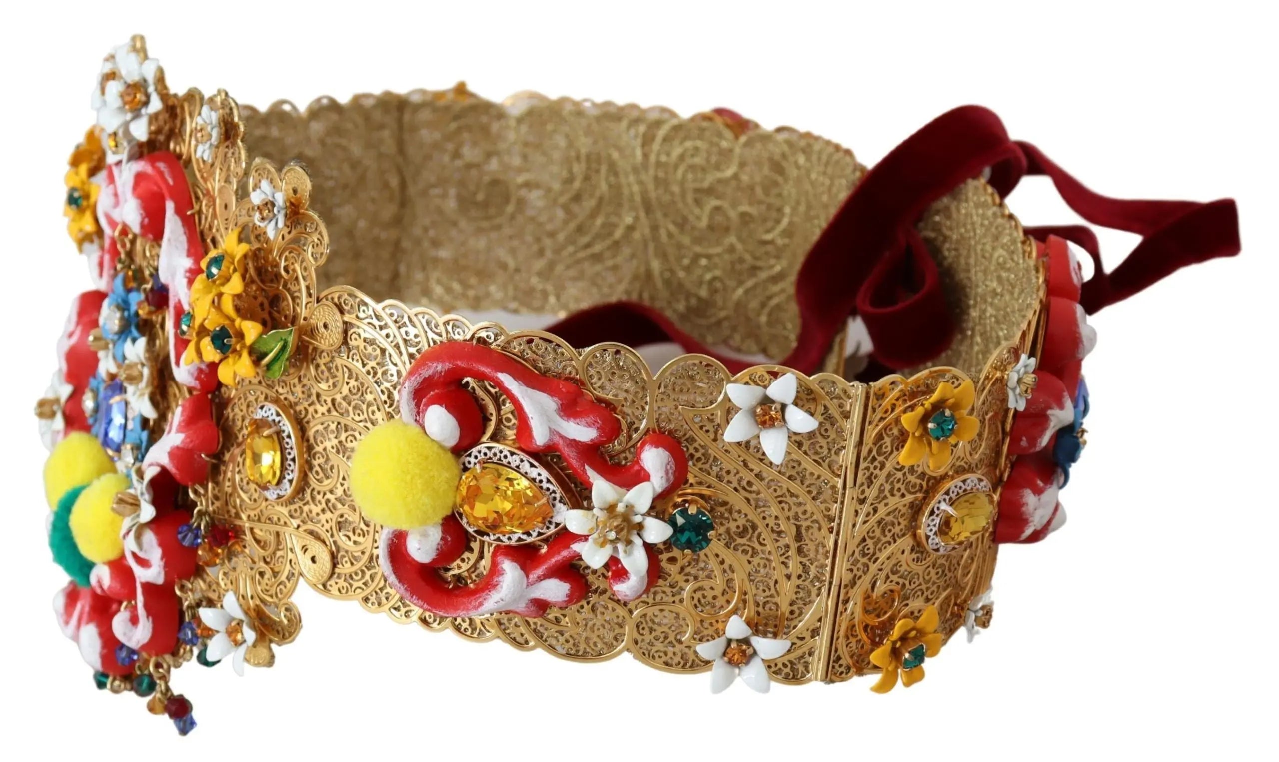 Gold wide waist belt with floral crystal embellishments, colorful pom-poms, and intricate braided detailing.