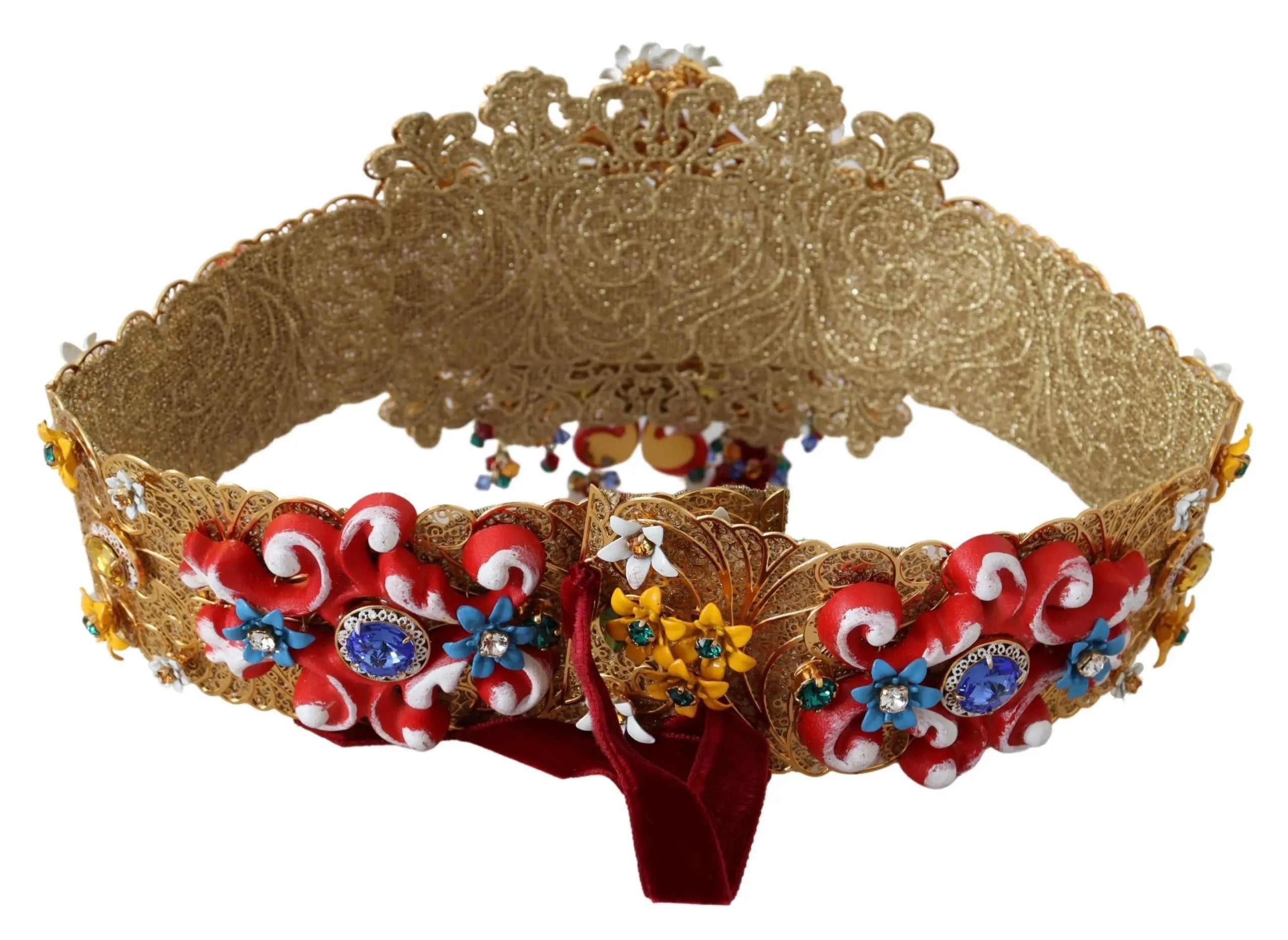 Gold wide waist belt with floral crystal embellishments, colorful pom-poms, and intricate braided detailing.