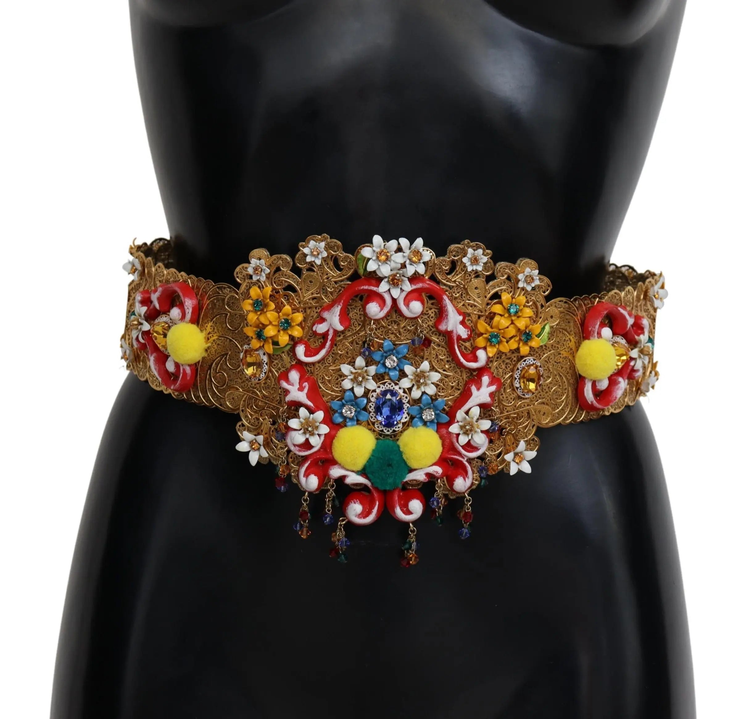 Gold wide waist belt with floral crystal embellishments, colorful pom-poms, and intricate braided detailing.