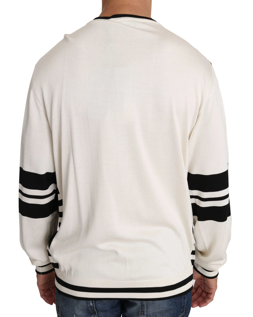 White long-sleeve pullover sweater with black and dark sequined jazz guitar and music note design, black stripes on sleeves.