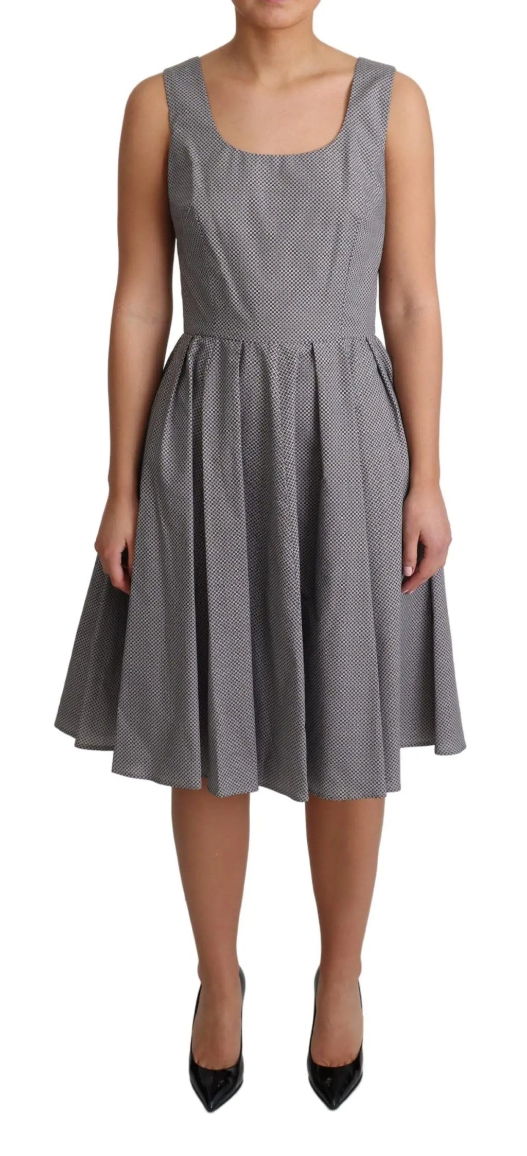 Sleeveless blue-gray cotton A-line midi dress with square neckline and fitted waist.