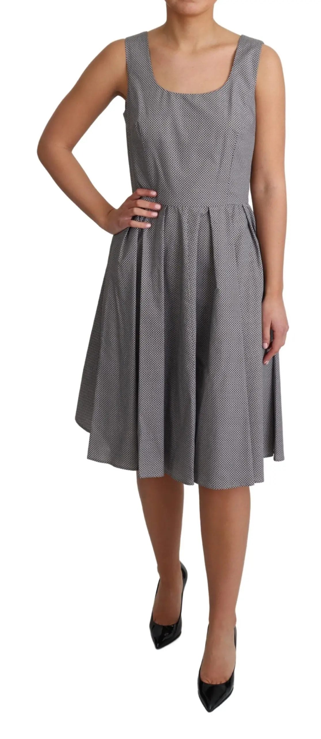 Sleeveless blue-gray cotton A-line midi dress with square neckline and fitted waist.
