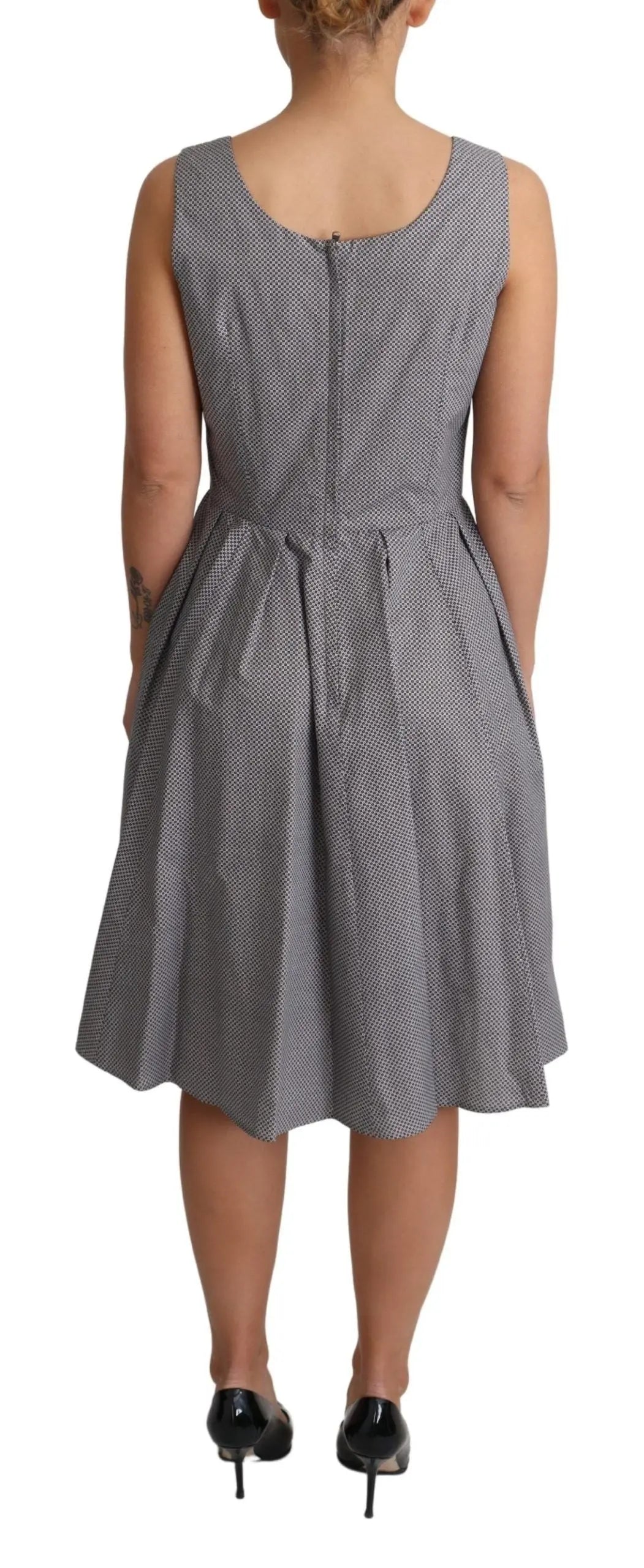 Sleeveless blue-gray cotton A-line midi dress with square neckline and fitted waist.