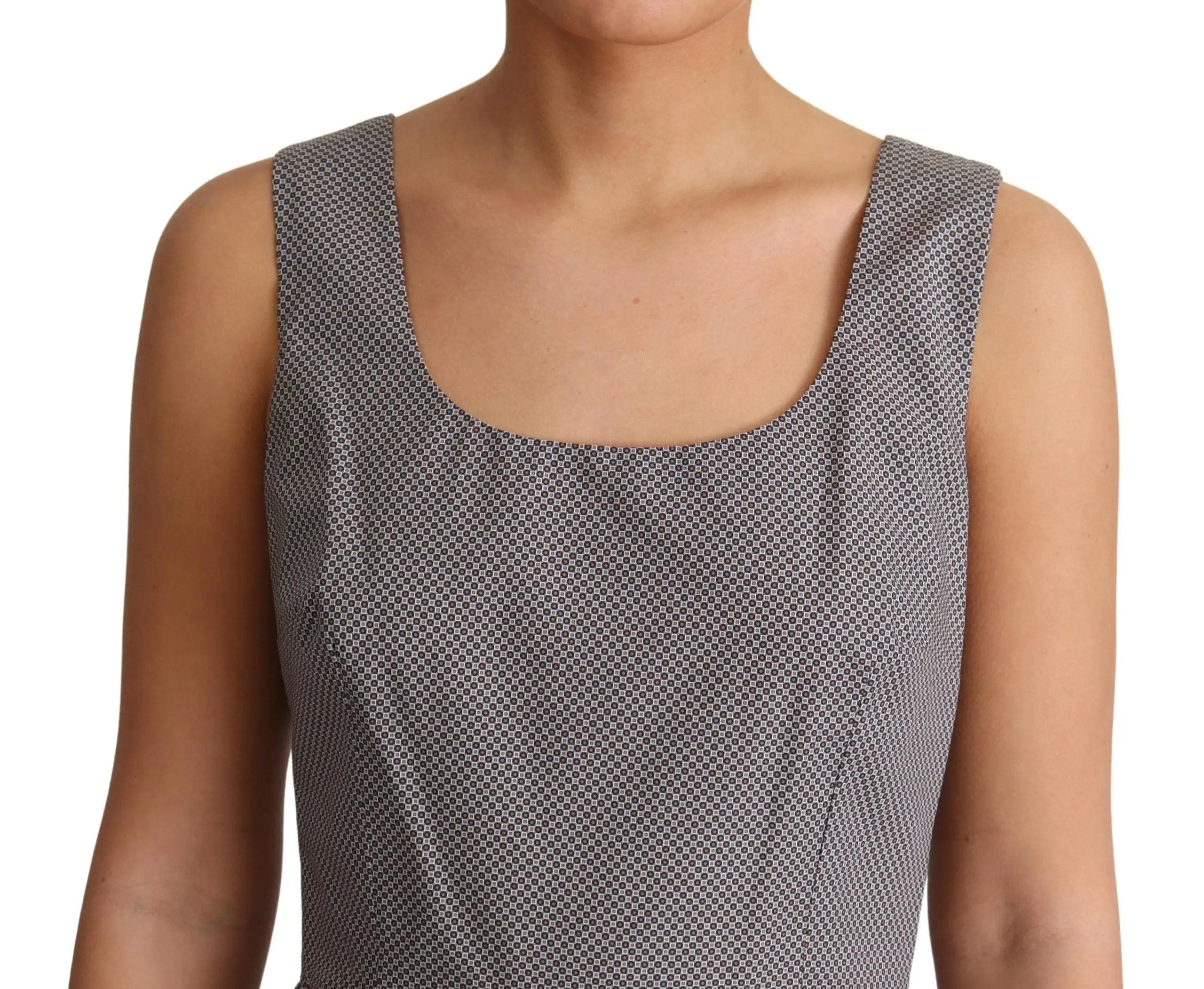 Sleeveless blue-gray cotton A-line midi dress with square neckline and fitted waist.