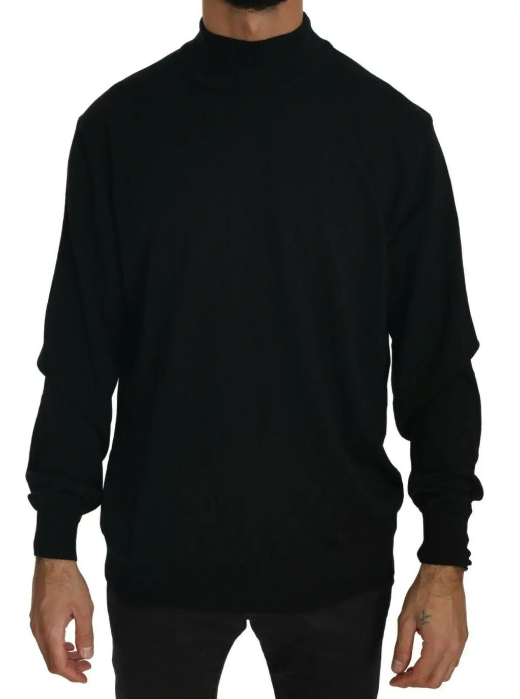 Black virgin wool turtleneck pullover sweater with long sleeves and ribbed cuffs.