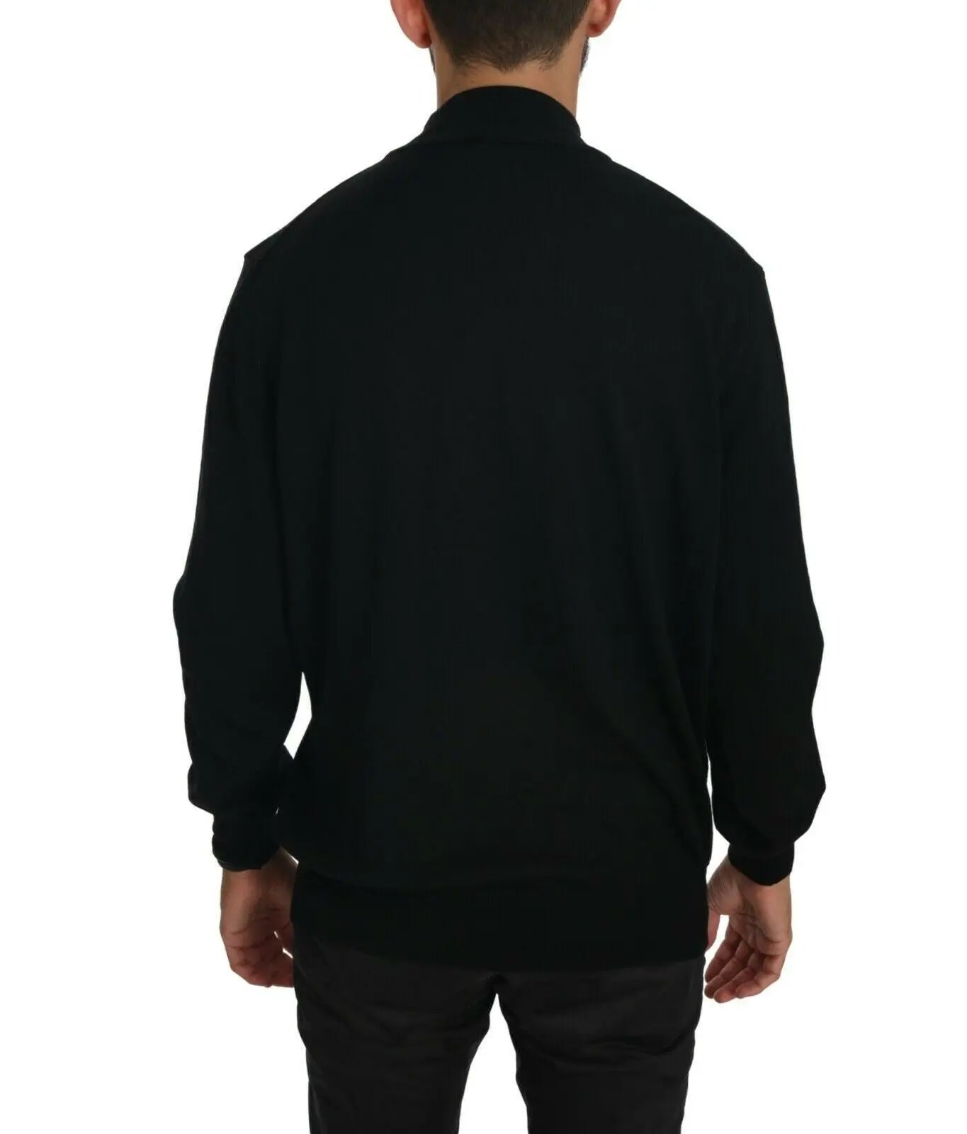 Black virgin wool turtleneck pullover sweater with long sleeves and ribbed cuffs.