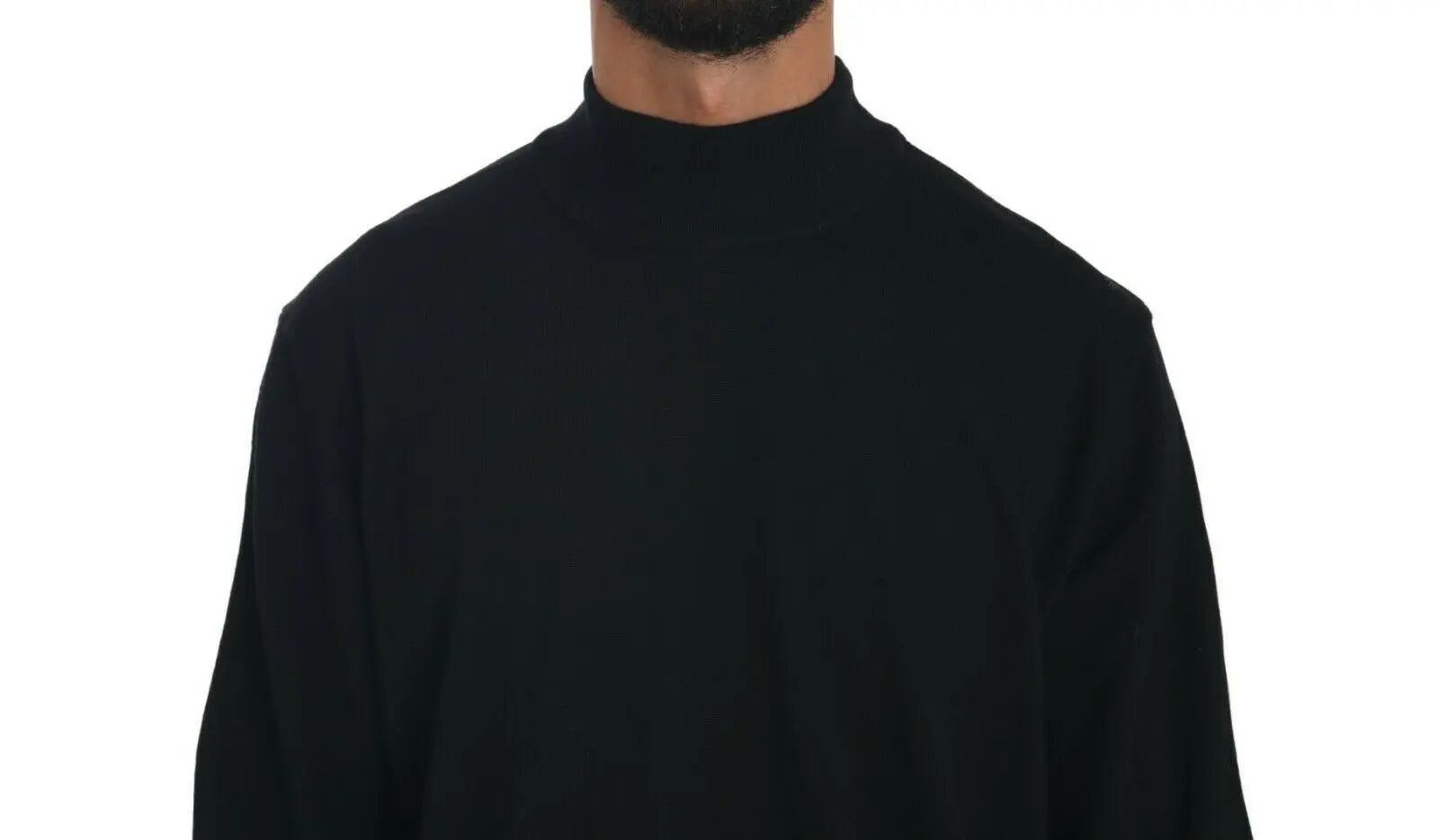 Black virgin wool turtleneck pullover sweater with long sleeves and ribbed cuffs.