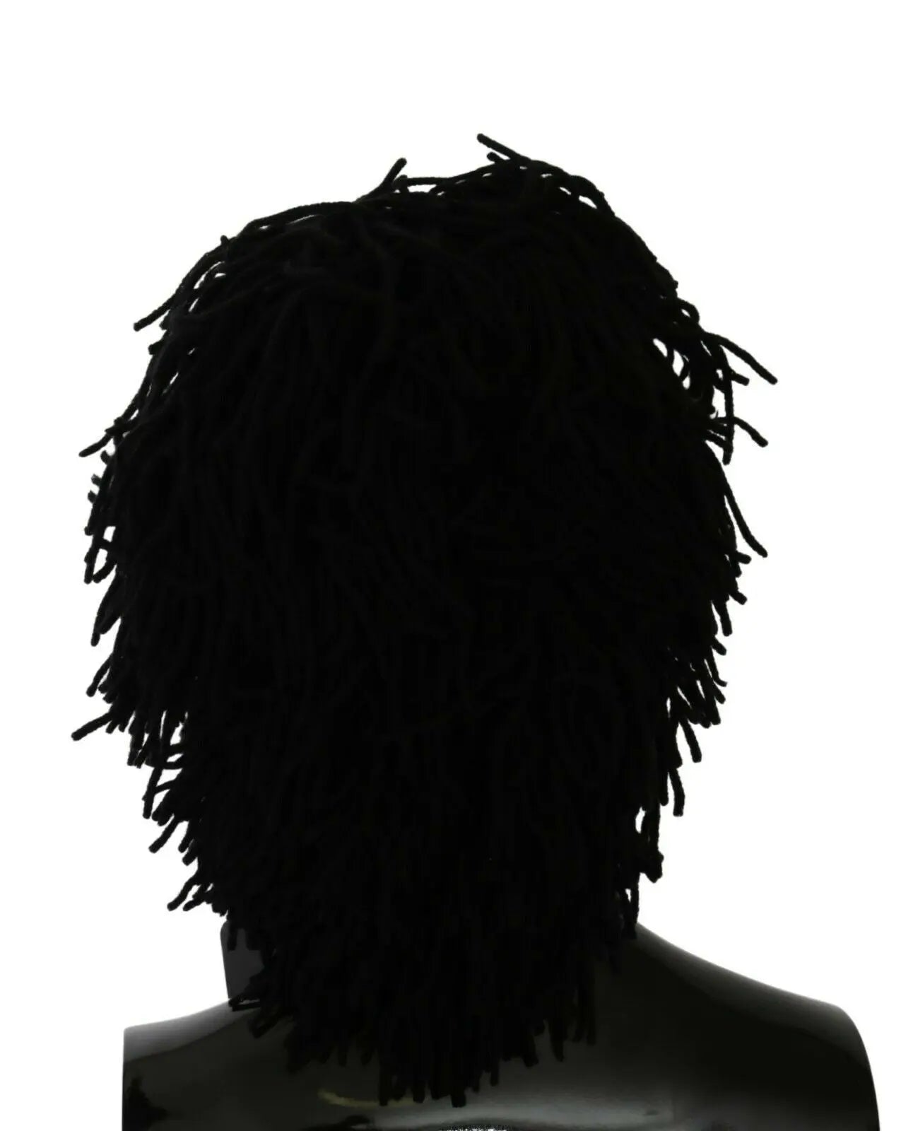 Black and white knitted cashmere beanie with animal face design and black fringe detailing.