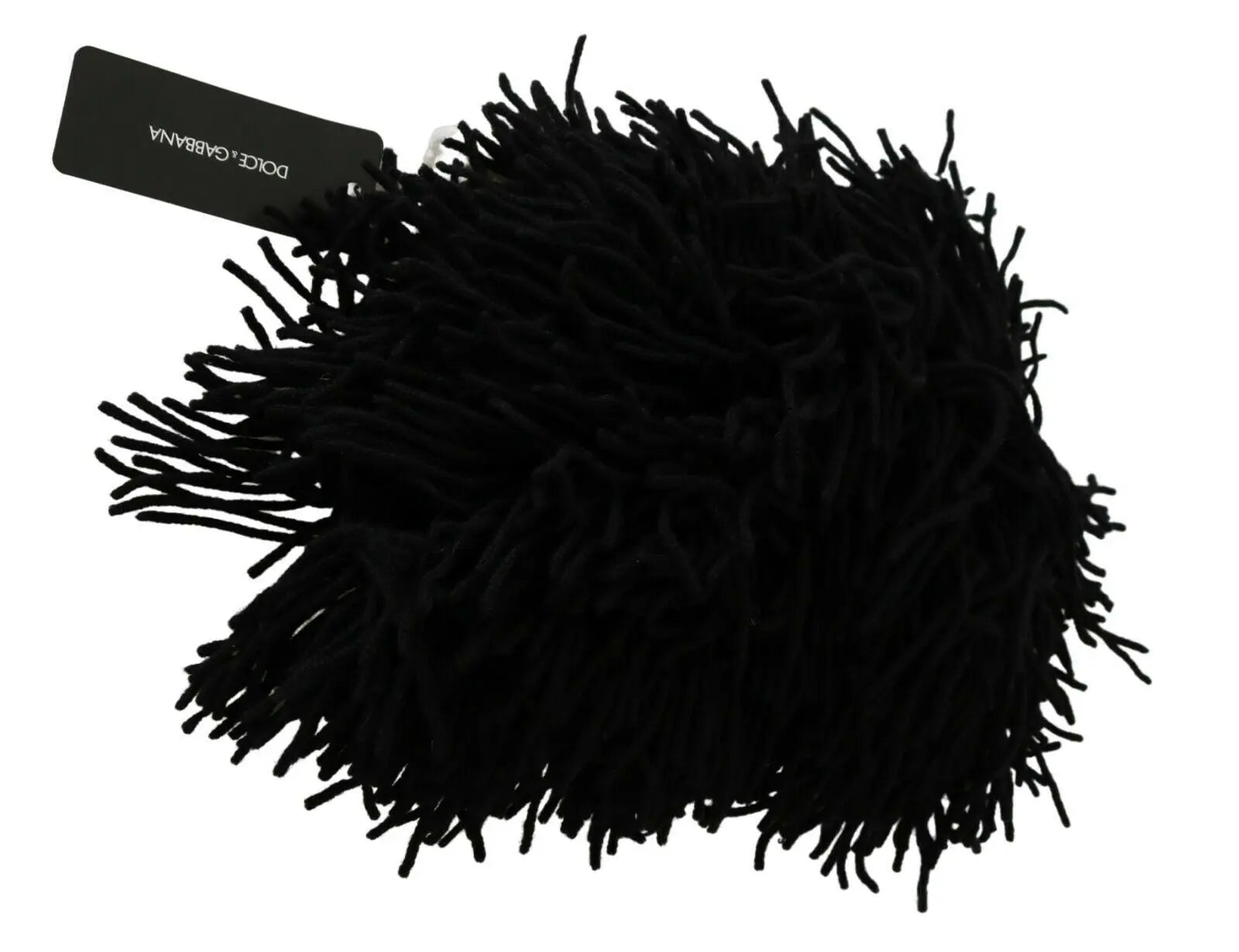 Black and white knitted cashmere beanie with animal face design and black fringe detailing.