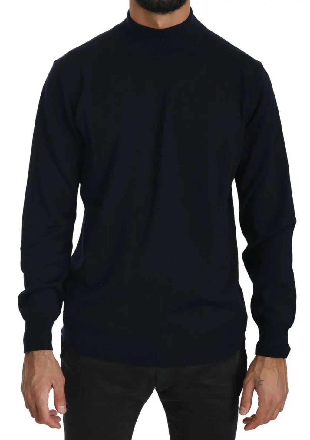 Dark blue crewneck wool pullover sweater with long sleeves and ribbed cuffs and hem.