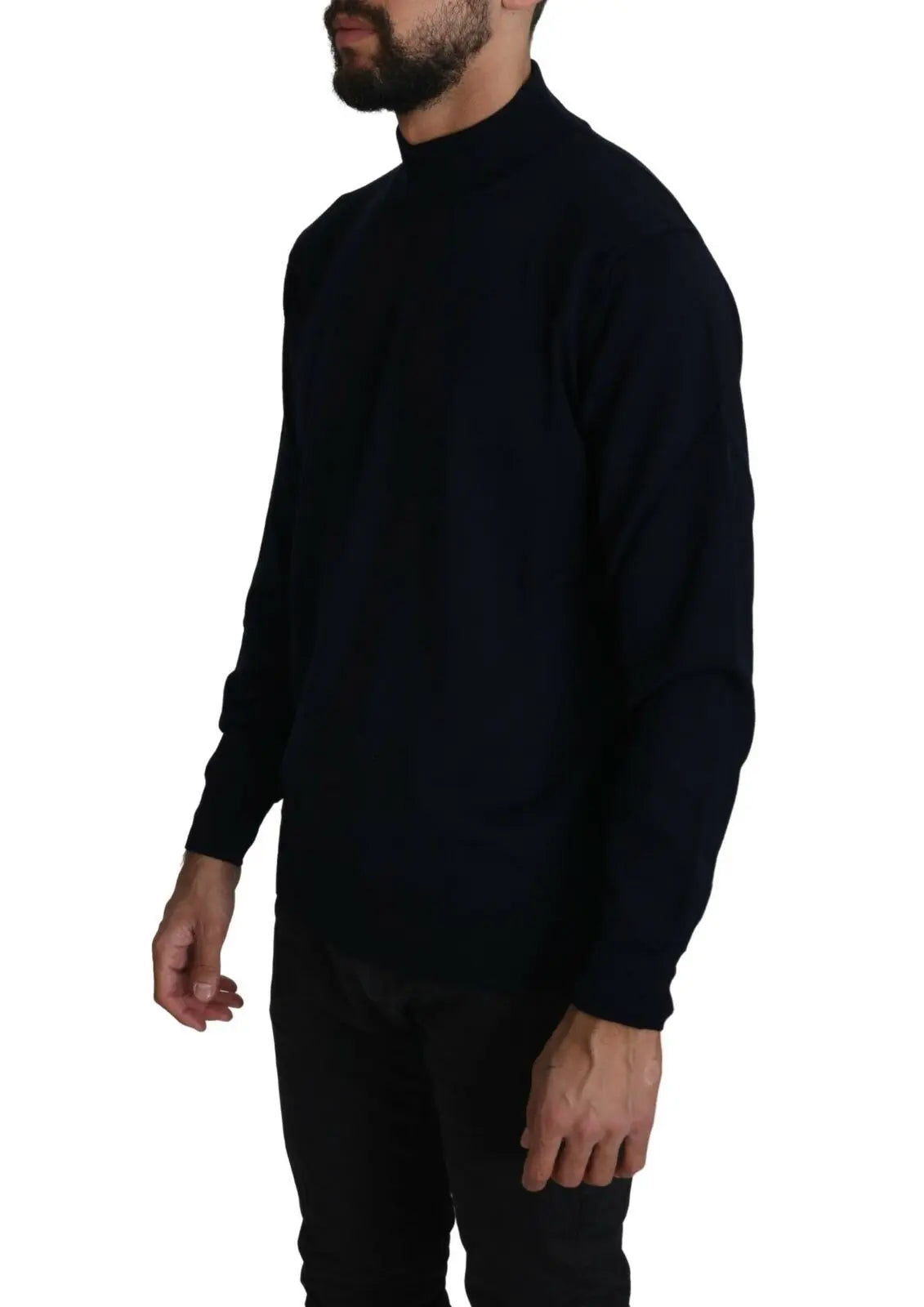 Dark blue crewneck wool pullover sweater with long sleeves and ribbed cuffs and hem.