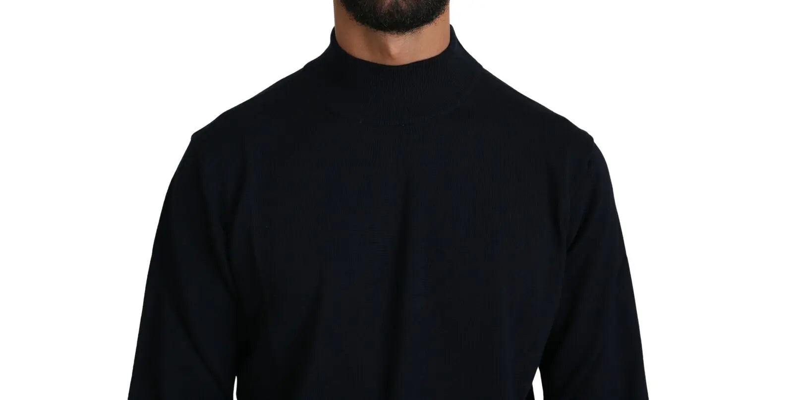 Dark blue crewneck wool pullover sweater with long sleeves and ribbed cuffs and hem.