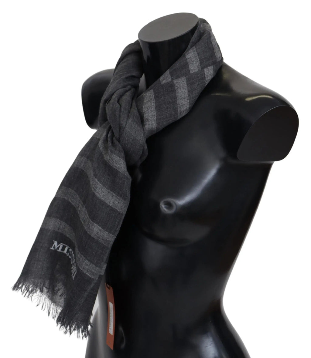 Gray wool scarf with horizontal stripes and fringed ends, embroidered "MISSONI" logo.