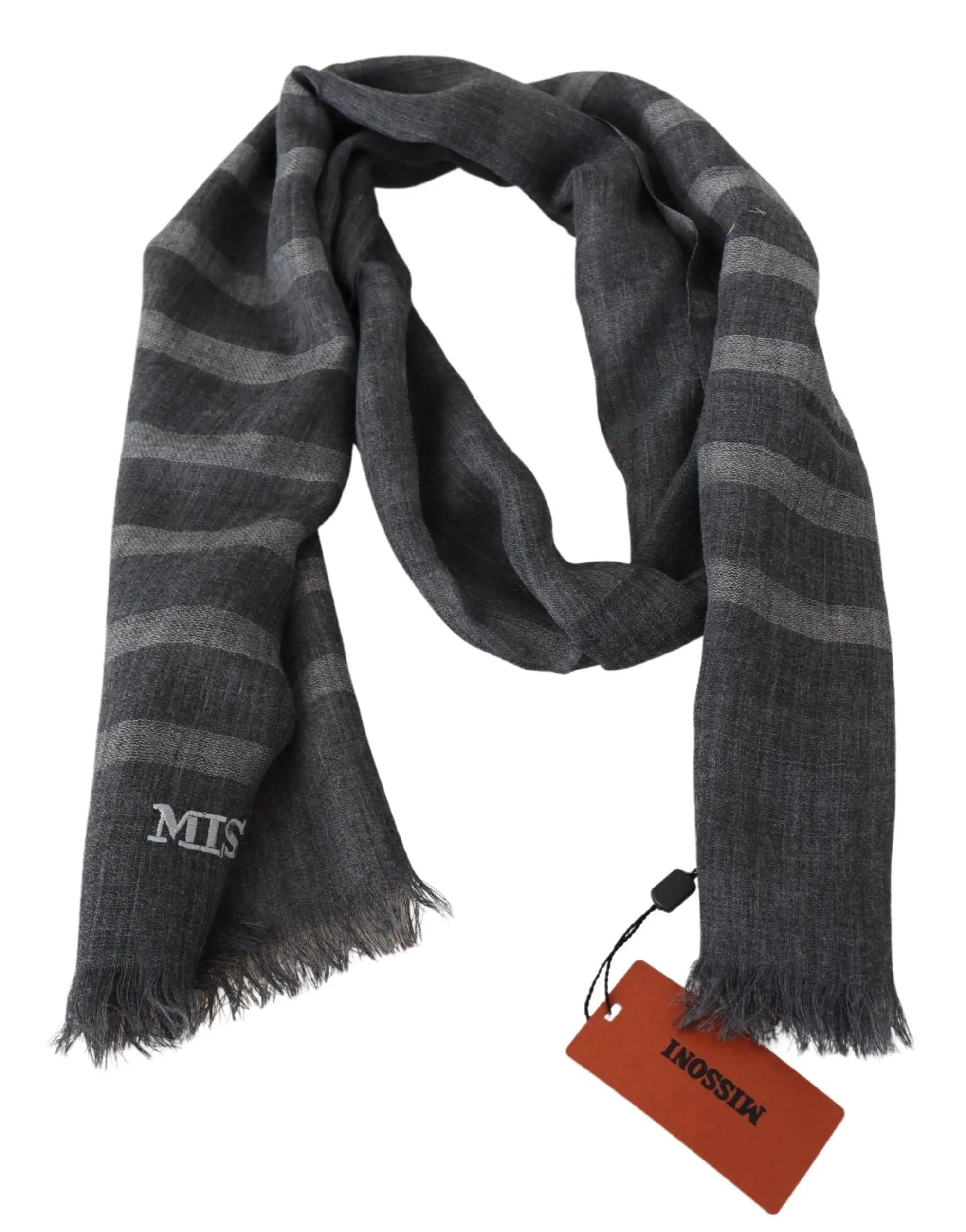 Gray wool scarf with horizontal stripes and fringed ends, embroidered "MISSONI" logo.