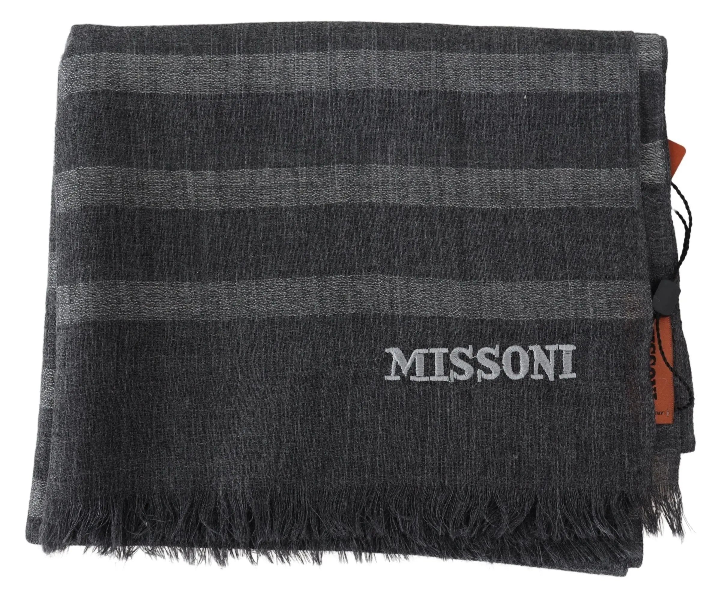Gray wool scarf with horizontal stripes and fringed ends, embroidered "MISSONI" logo.