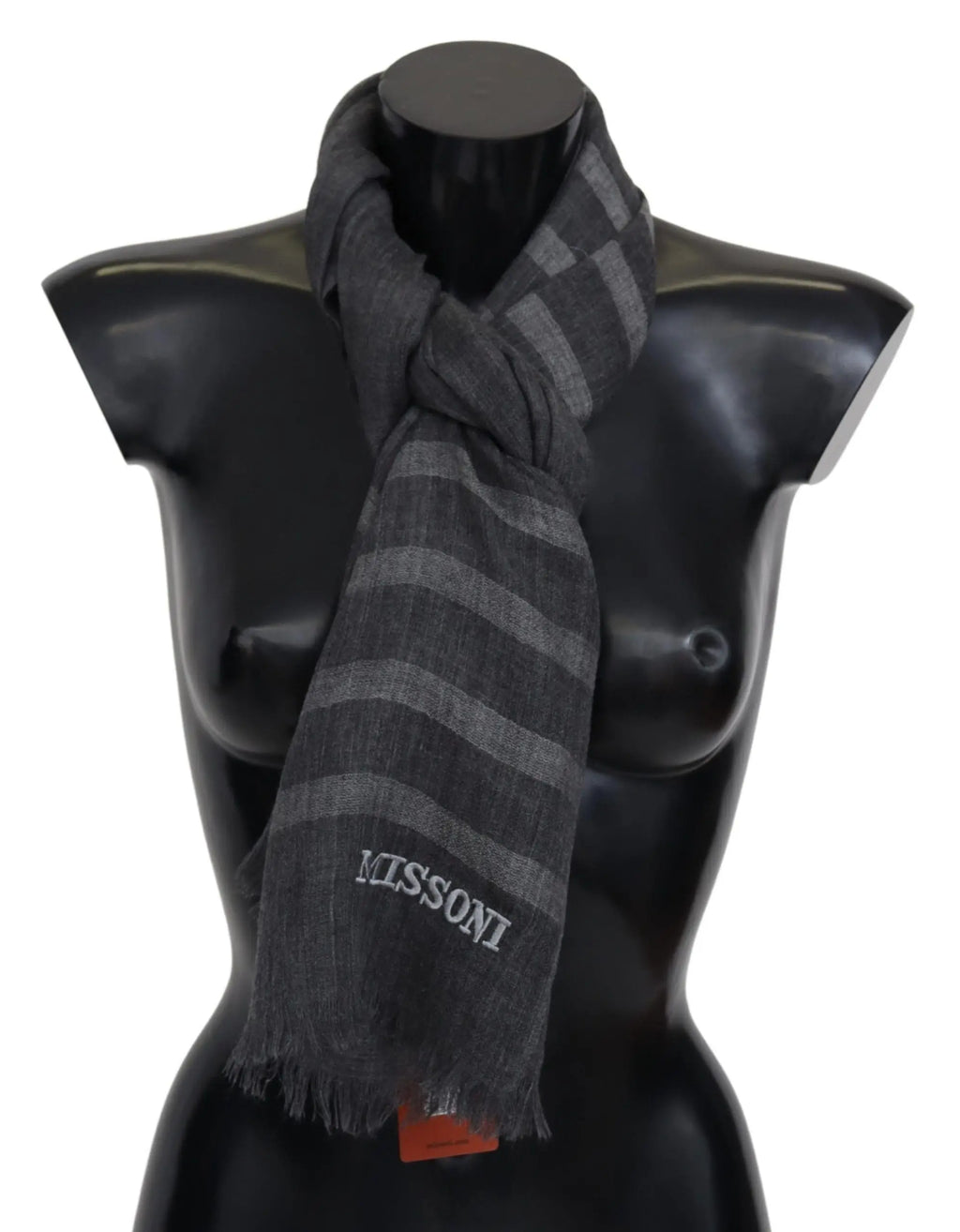 Gray wool scarf with horizontal stripes and fringed ends, embroidered "MISSONI" logo.