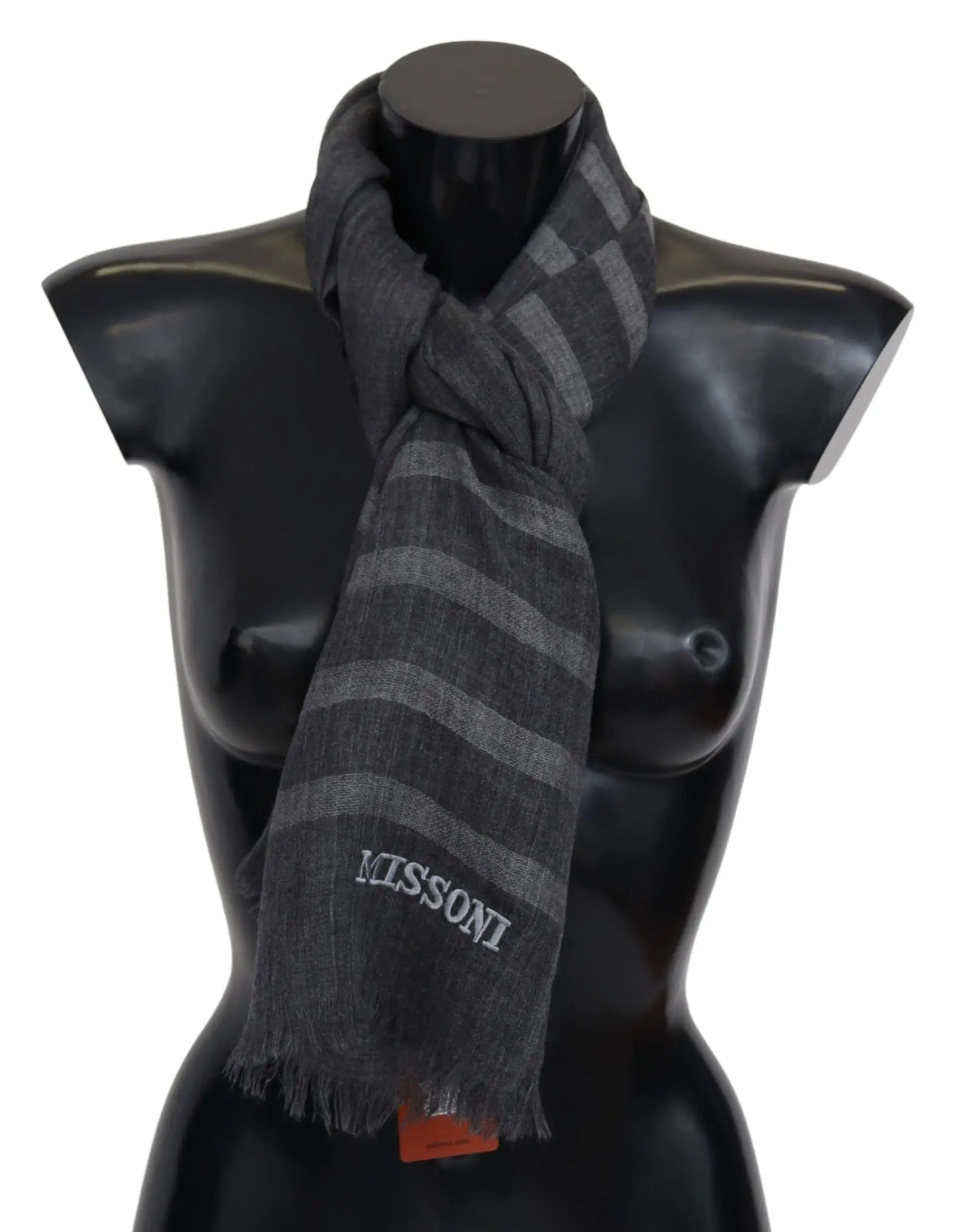 Gray wool scarf with horizontal stripes and fringed ends, embroidered "MISSONI" logo.