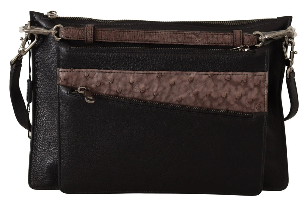Black leather shoulder sling bag with textured brown exotic leather panel and silver-tone zipper details.