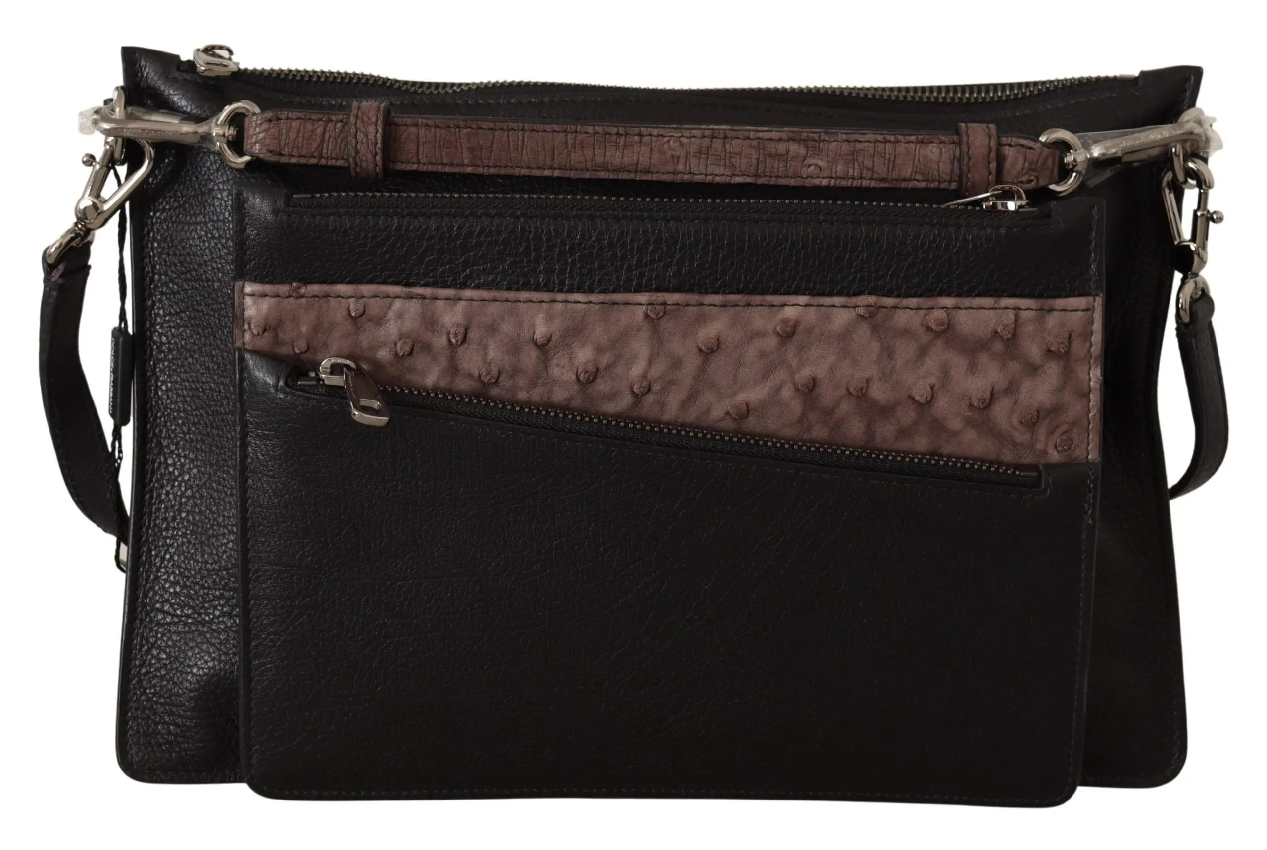 Black leather shoulder sling bag with textured brown exotic leather panel and silver-tone zipper details.