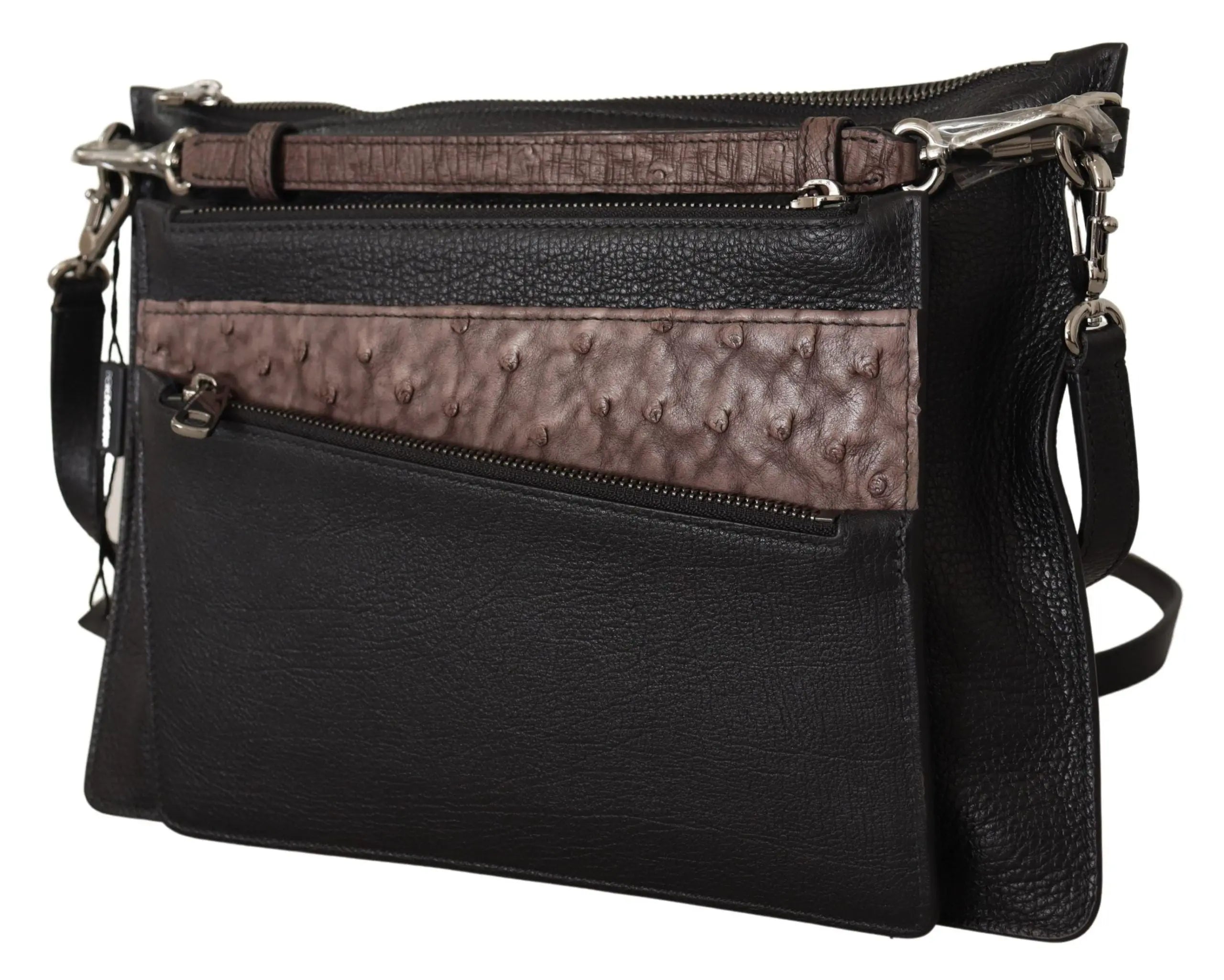 Black leather shoulder sling bag with textured brown exotic leather panel and silver-tone zipper details.