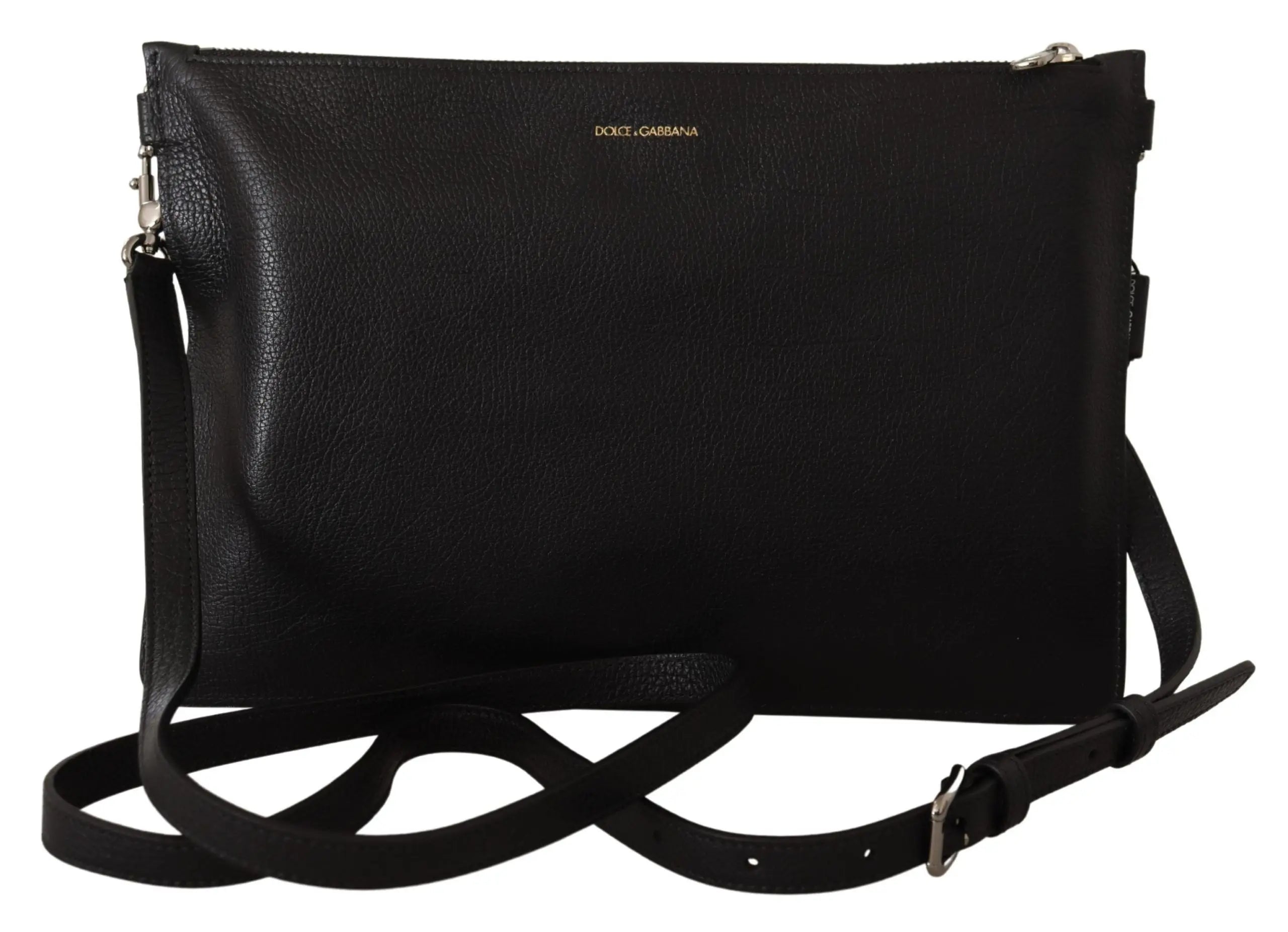 Black leather shoulder sling bag with textured brown exotic leather panel and silver-tone zipper details.