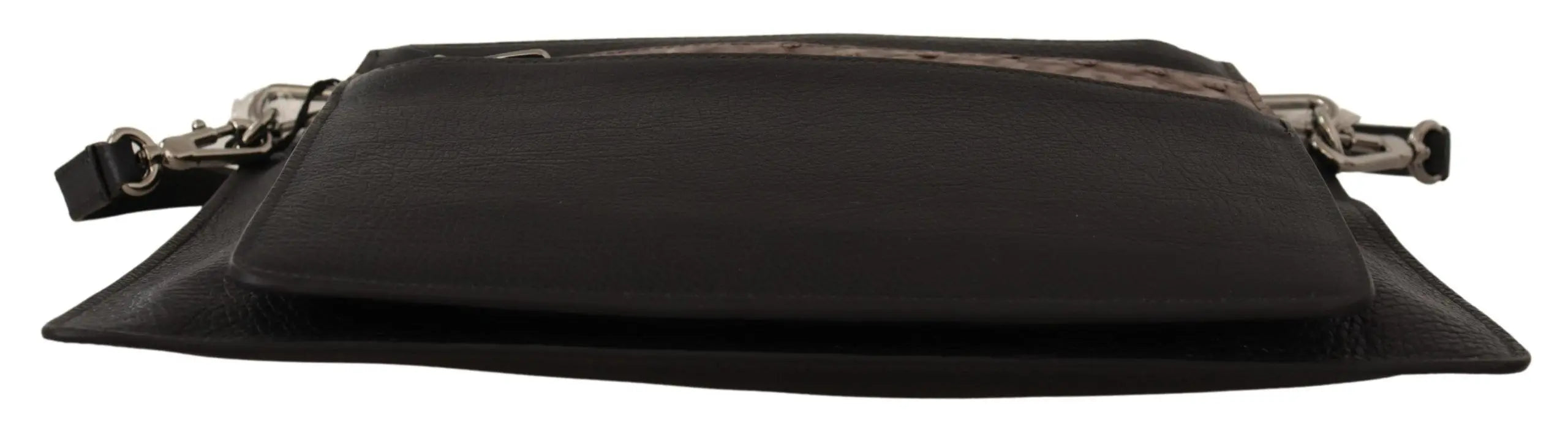 Black leather shoulder sling bag with textured brown exotic leather panel and silver-tone zipper details.