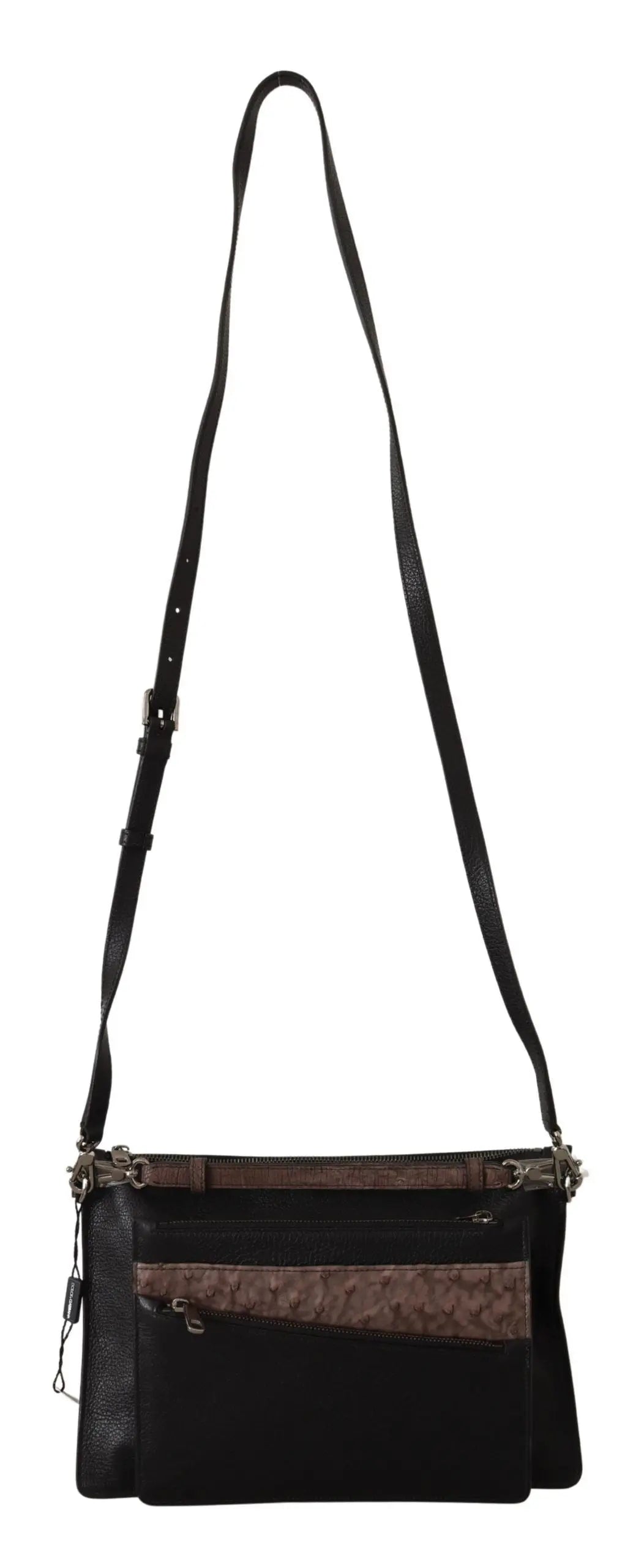 Black leather shoulder sling bag with textured brown exotic leather panel and silver-tone zipper details.