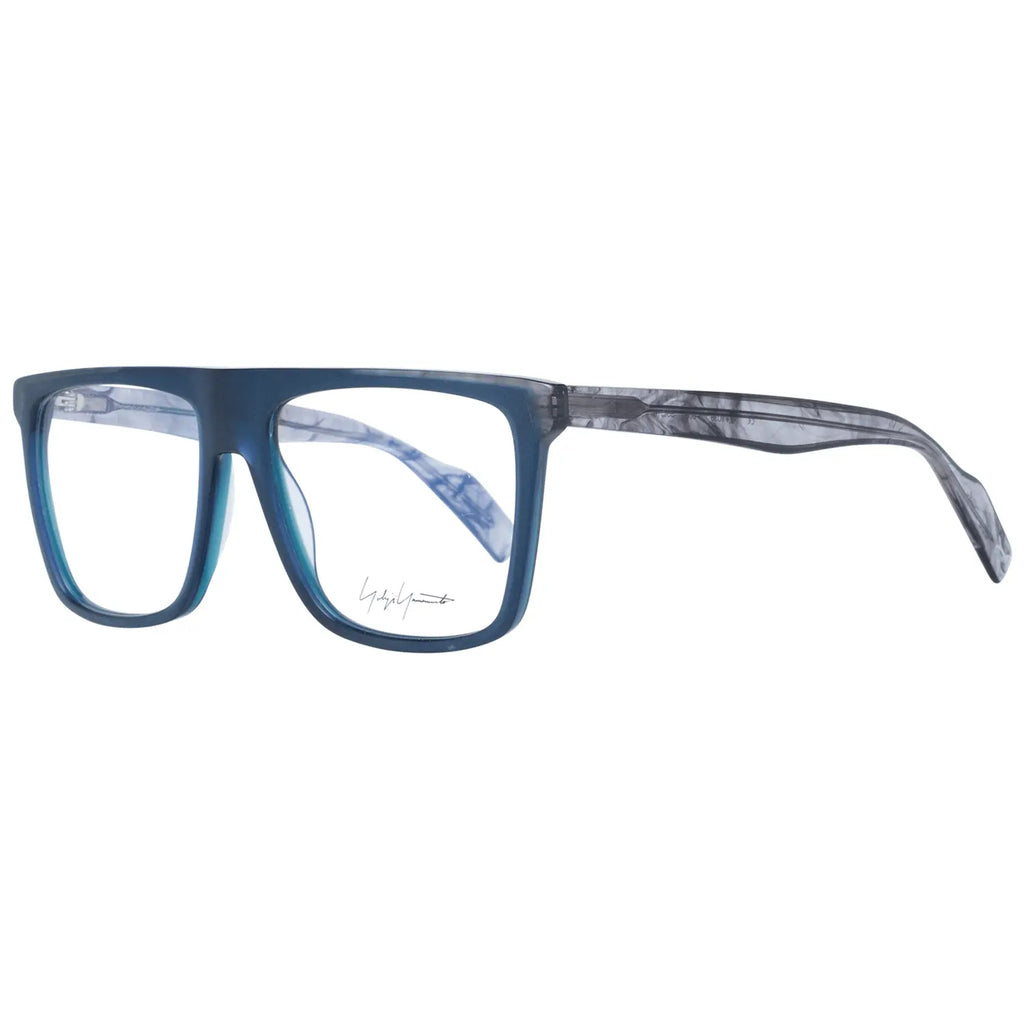 Blue rectangular plastic glasses frames with marbled gray temples and subtle logo detail on lens.