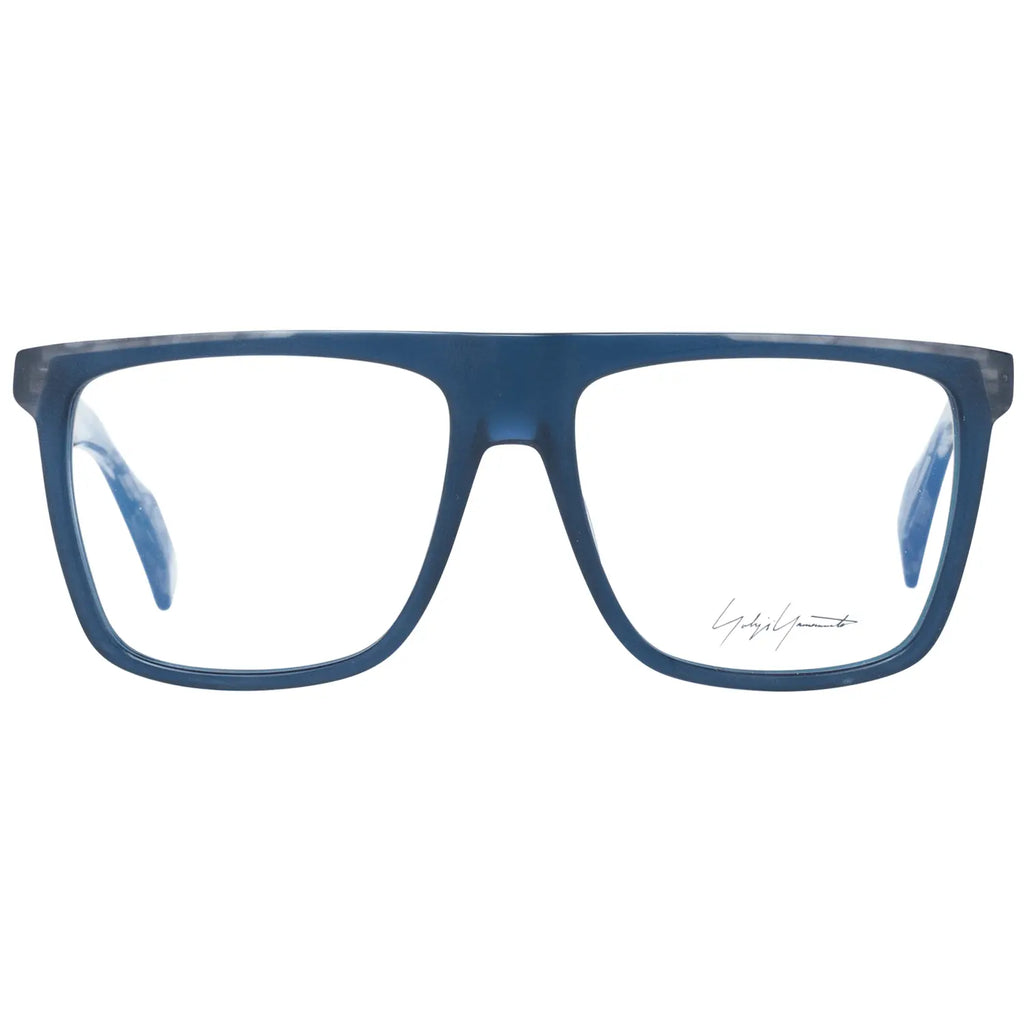 Blue rectangular plastic glasses frames with marbled gray temples and subtle logo detail on lens.