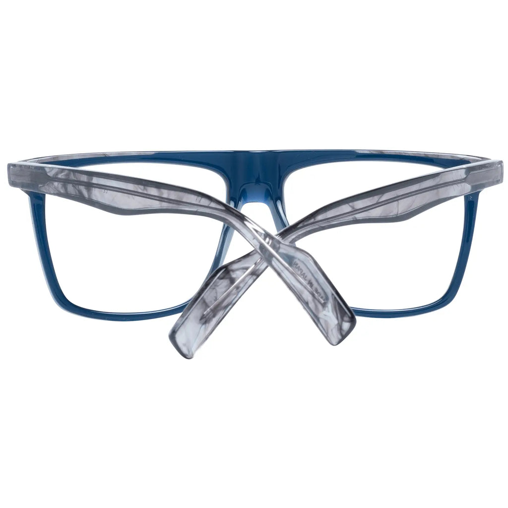 Blue rectangular plastic glasses frames with marbled gray temples and subtle logo detail on lens.