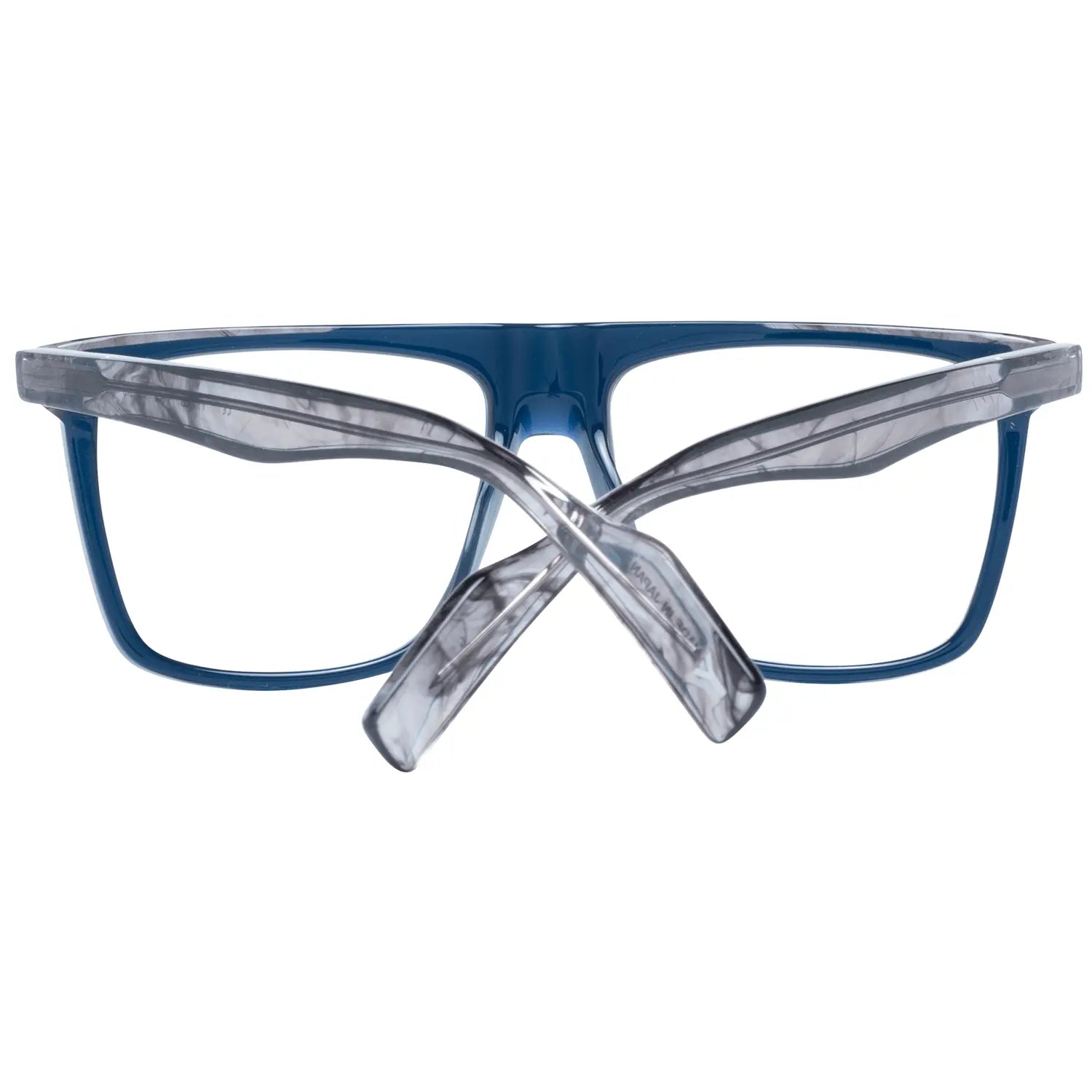 Blue rectangular plastic glasses frames with marbled gray temples and subtle logo detail on lens.