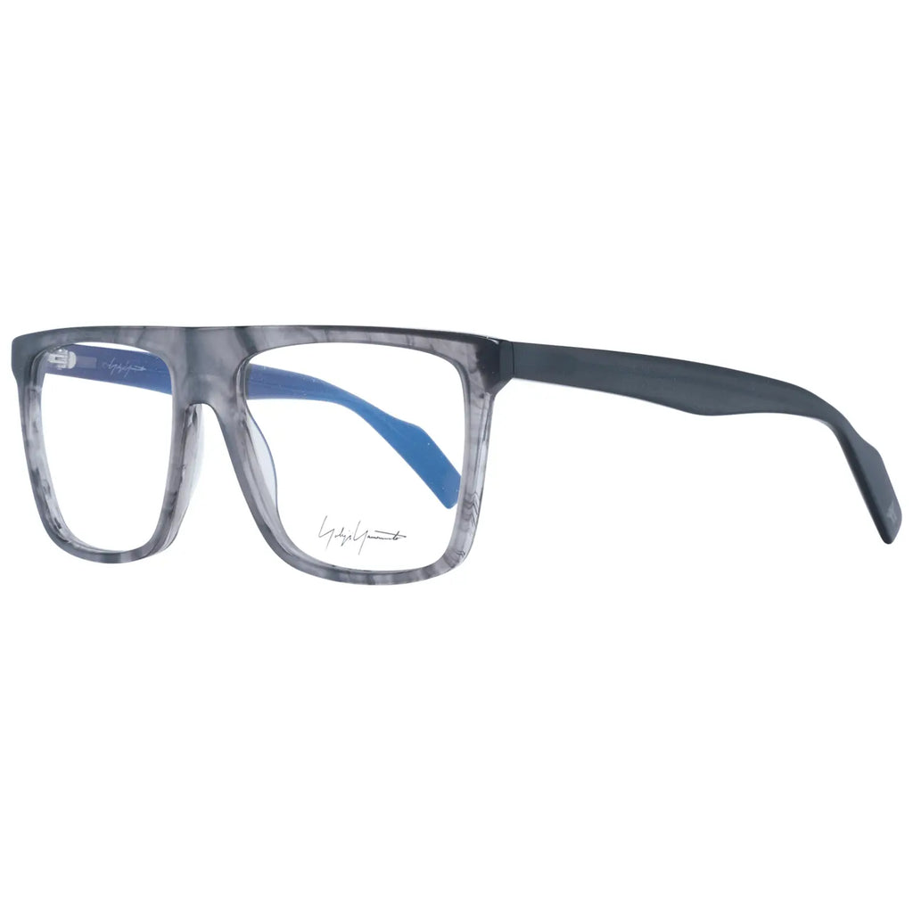 Gray translucent plastic rectangular glasses frames with black temple tips and blue inner arms.