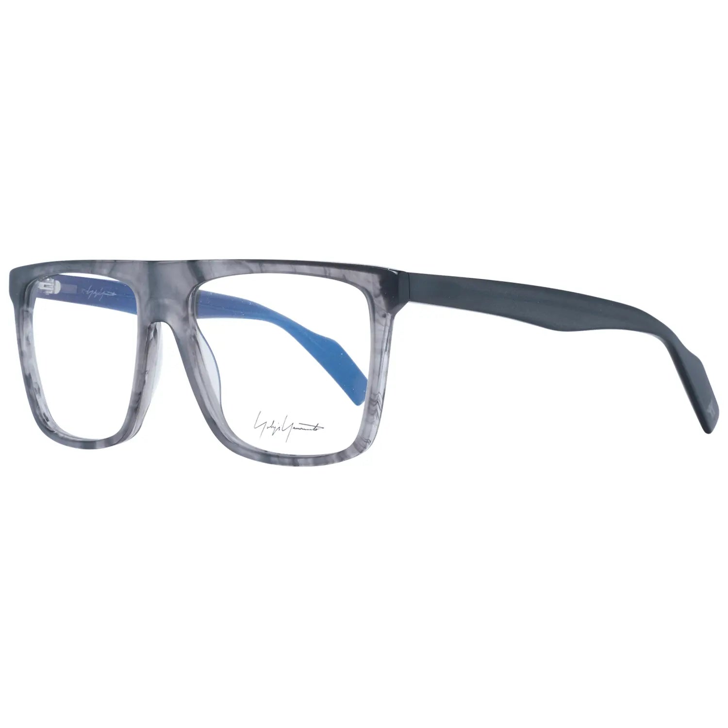 Gray translucent plastic rectangular glasses frames with black temple tips and blue inner arms.