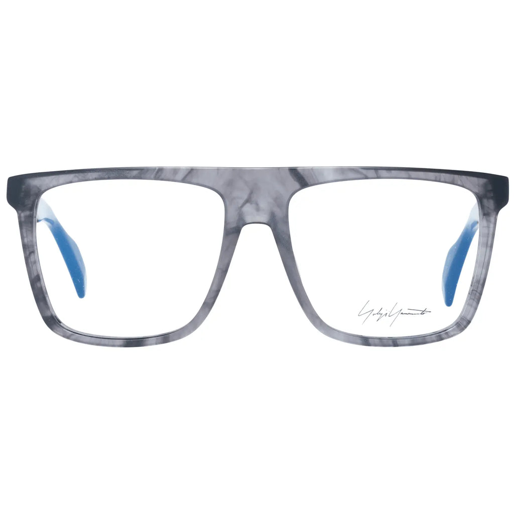 Gray translucent plastic rectangular glasses frames with black temple tips and blue inner arms.