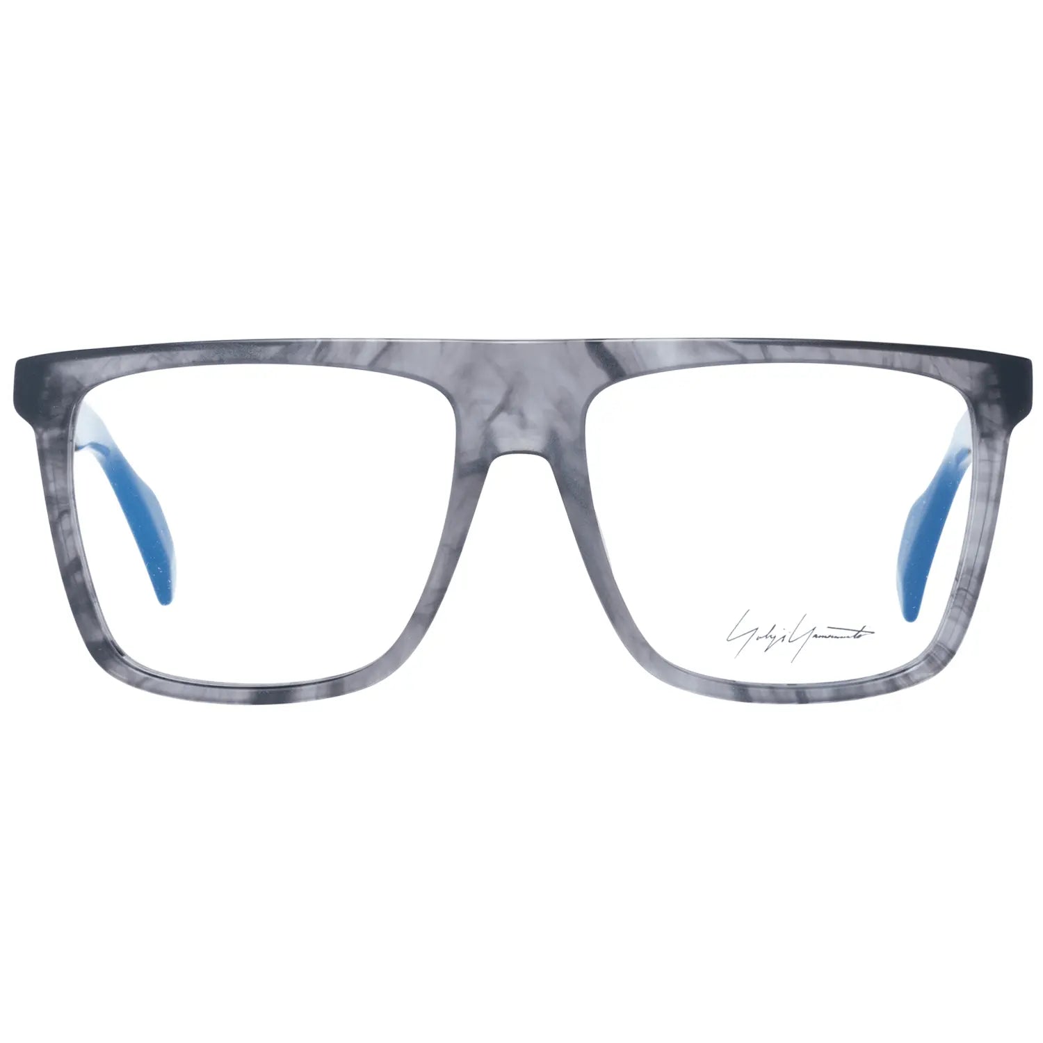Gray translucent plastic rectangular glasses frames with black temple tips and blue inner arms.