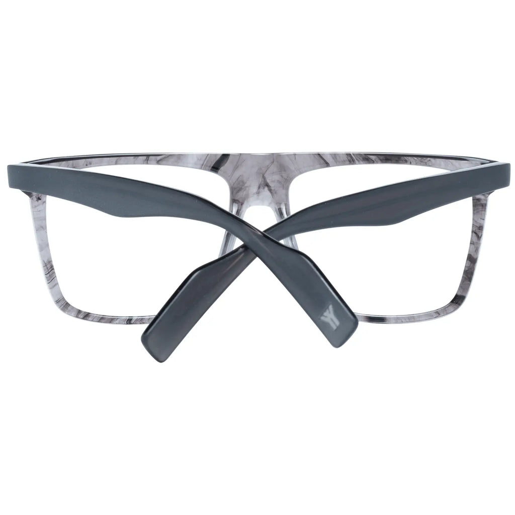 Gray translucent plastic rectangular glasses frames with black temple tips and blue inner arms.