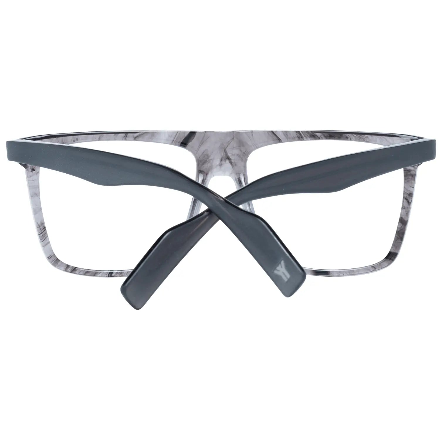 Gray translucent plastic rectangular glasses frames with black temple tips and blue inner arms.