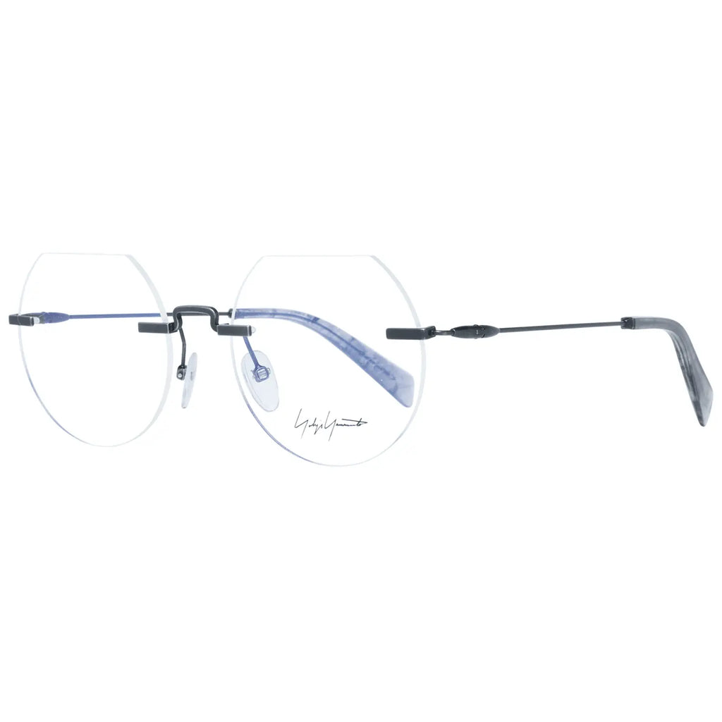 Gray metal rimless glasses with geometric lenses and thin black temples.