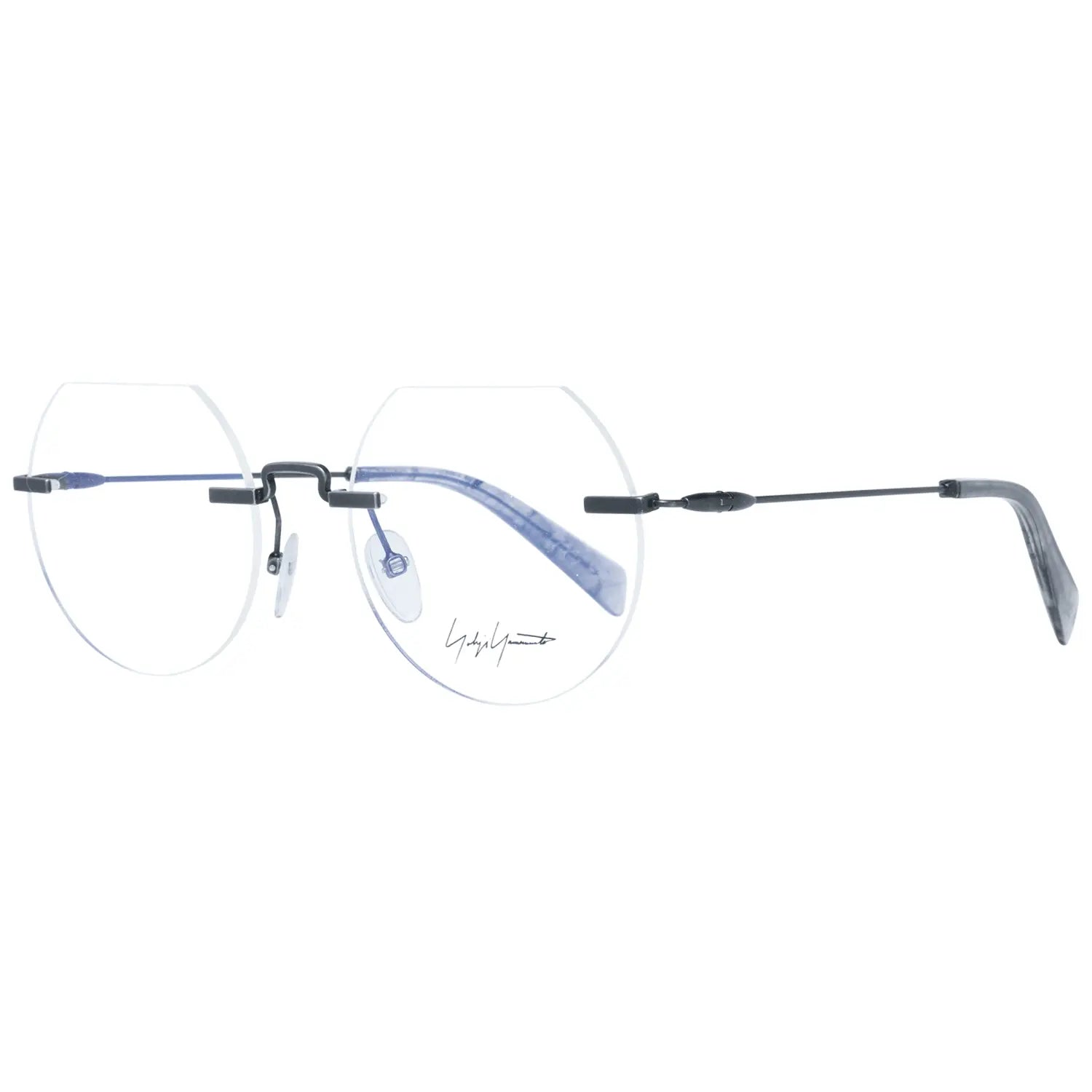 Gray metal rimless glasses with geometric lenses and thin black temples.