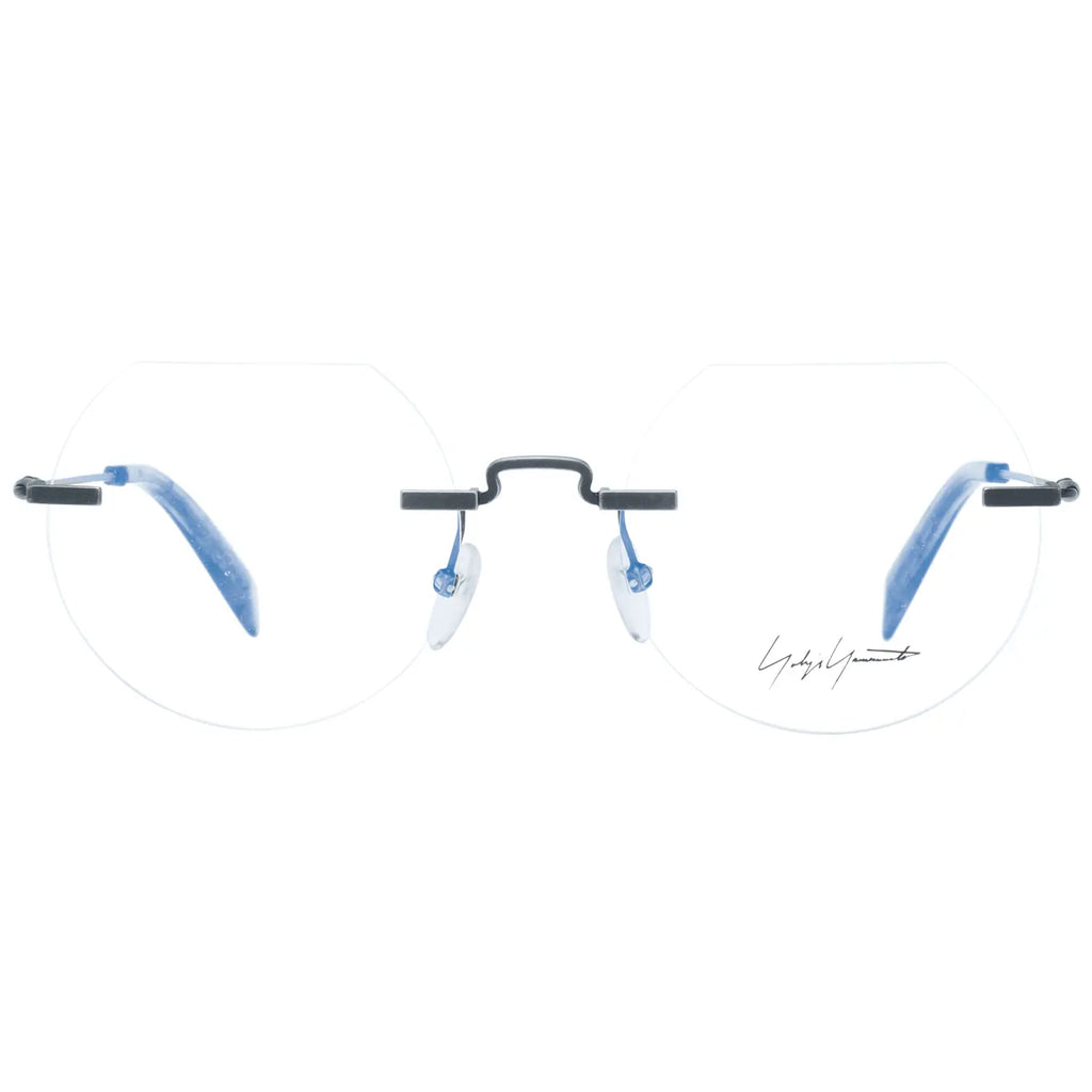 Gray metal rimless glasses with geometric lenses and thin black temples.