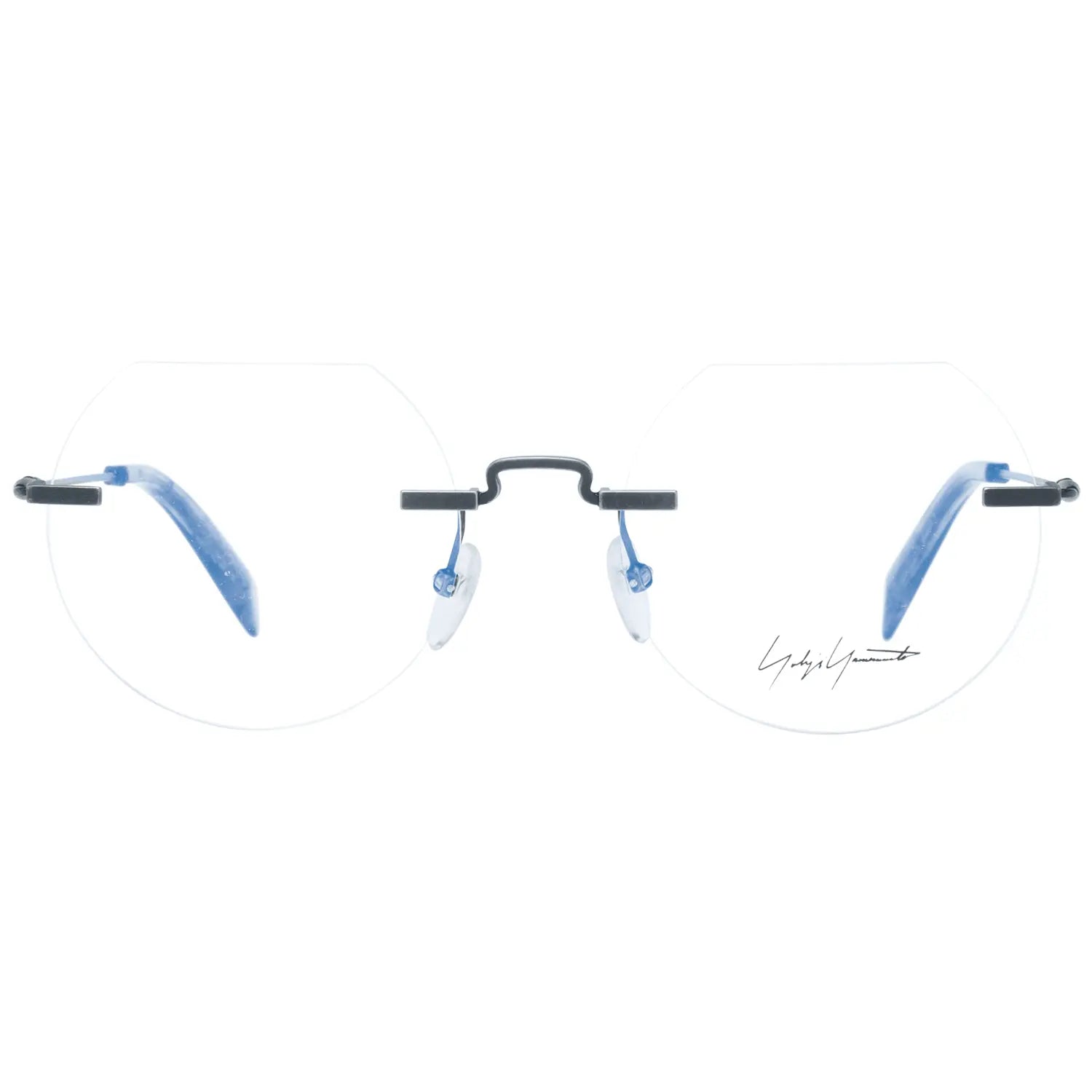 Gray metal rimless glasses with geometric lenses and thin black temples.