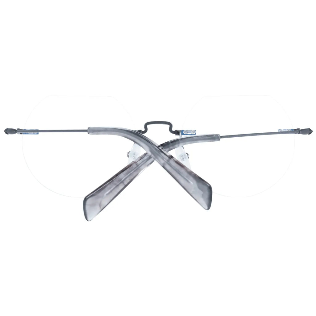 Gray metal rimless glasses with geometric lenses and thin black temples.