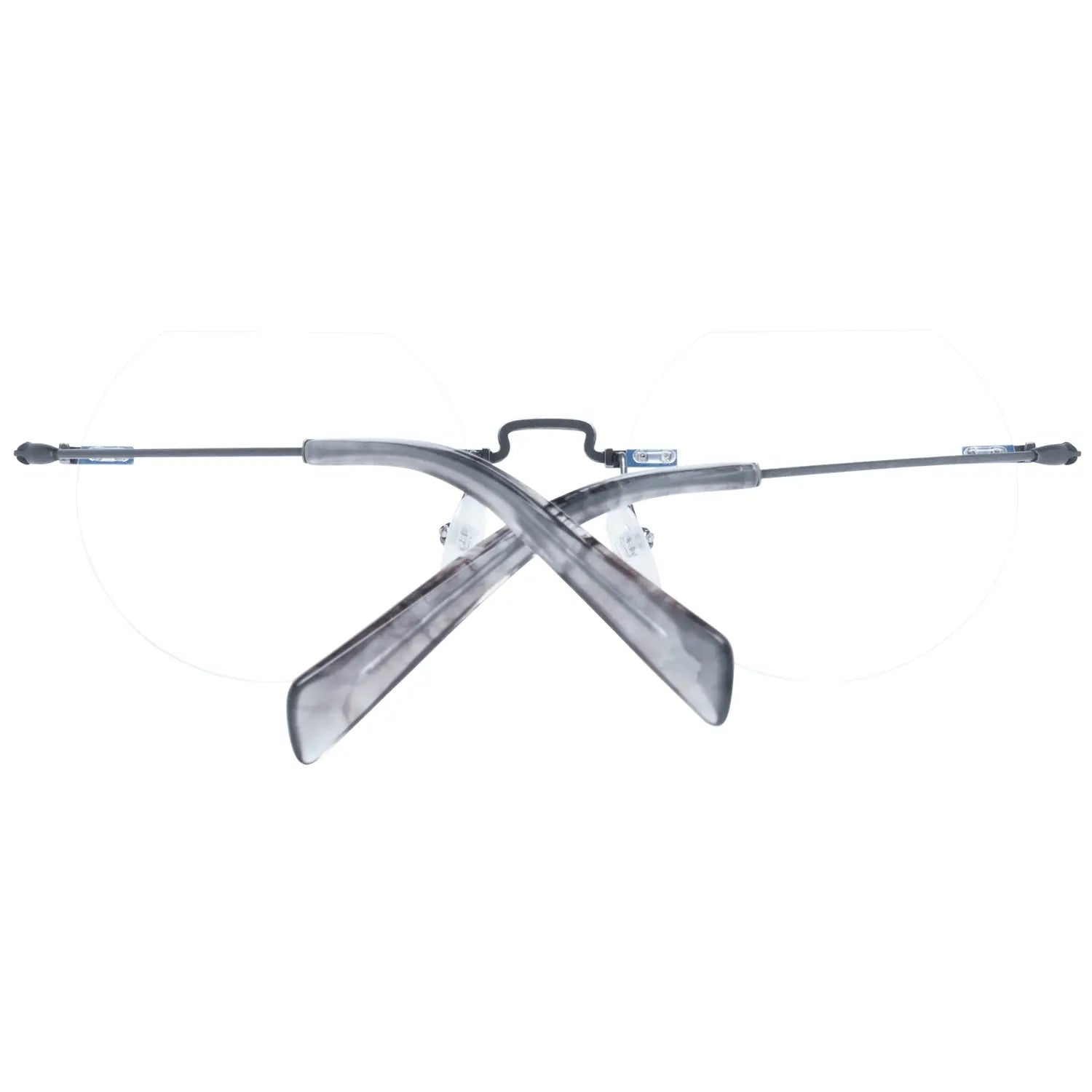 Gray metal rimless glasses with geometric lenses and thin black temples.