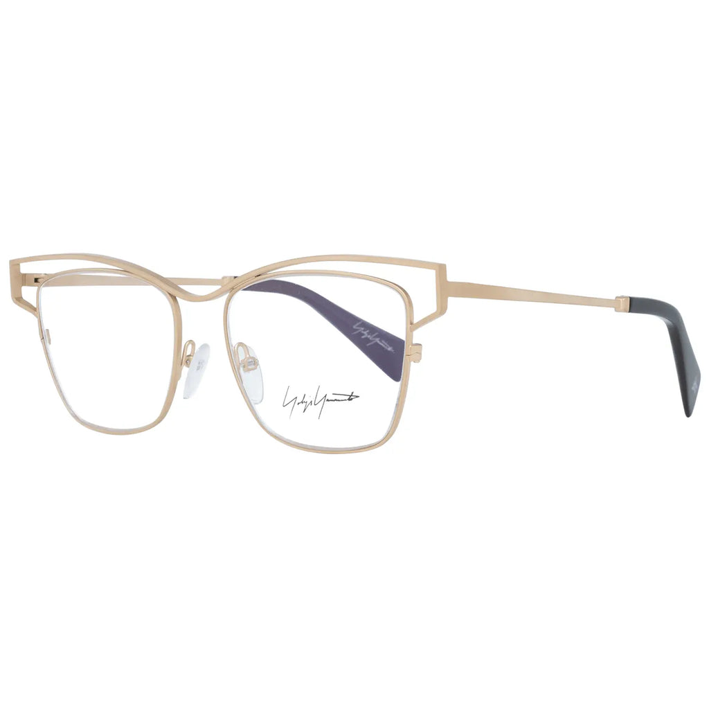 Gold titanium rectangular glasses frames with thin metal arms and black temple tips.