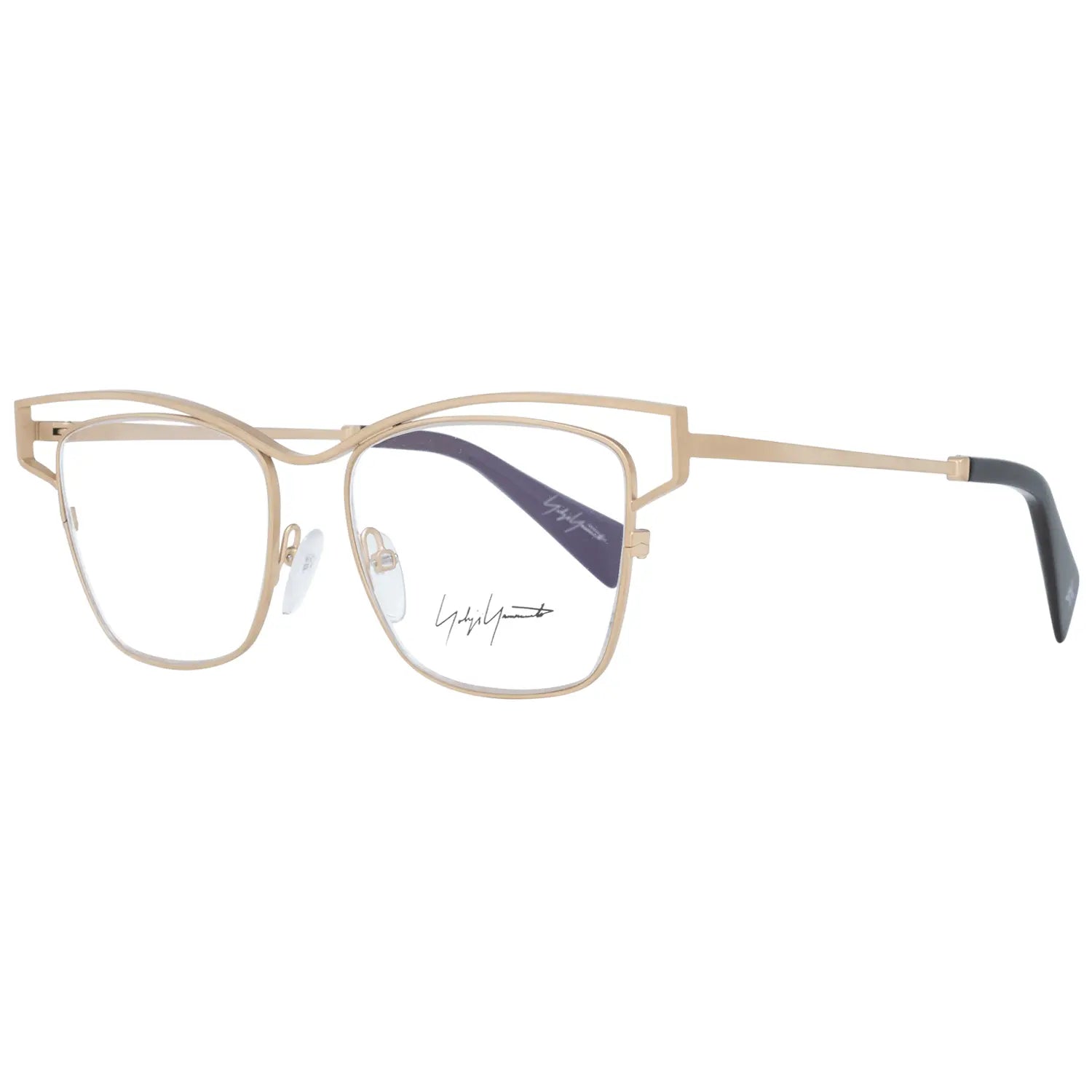 Gold titanium rectangular glasses frames with thin metal arms and black temple tips.