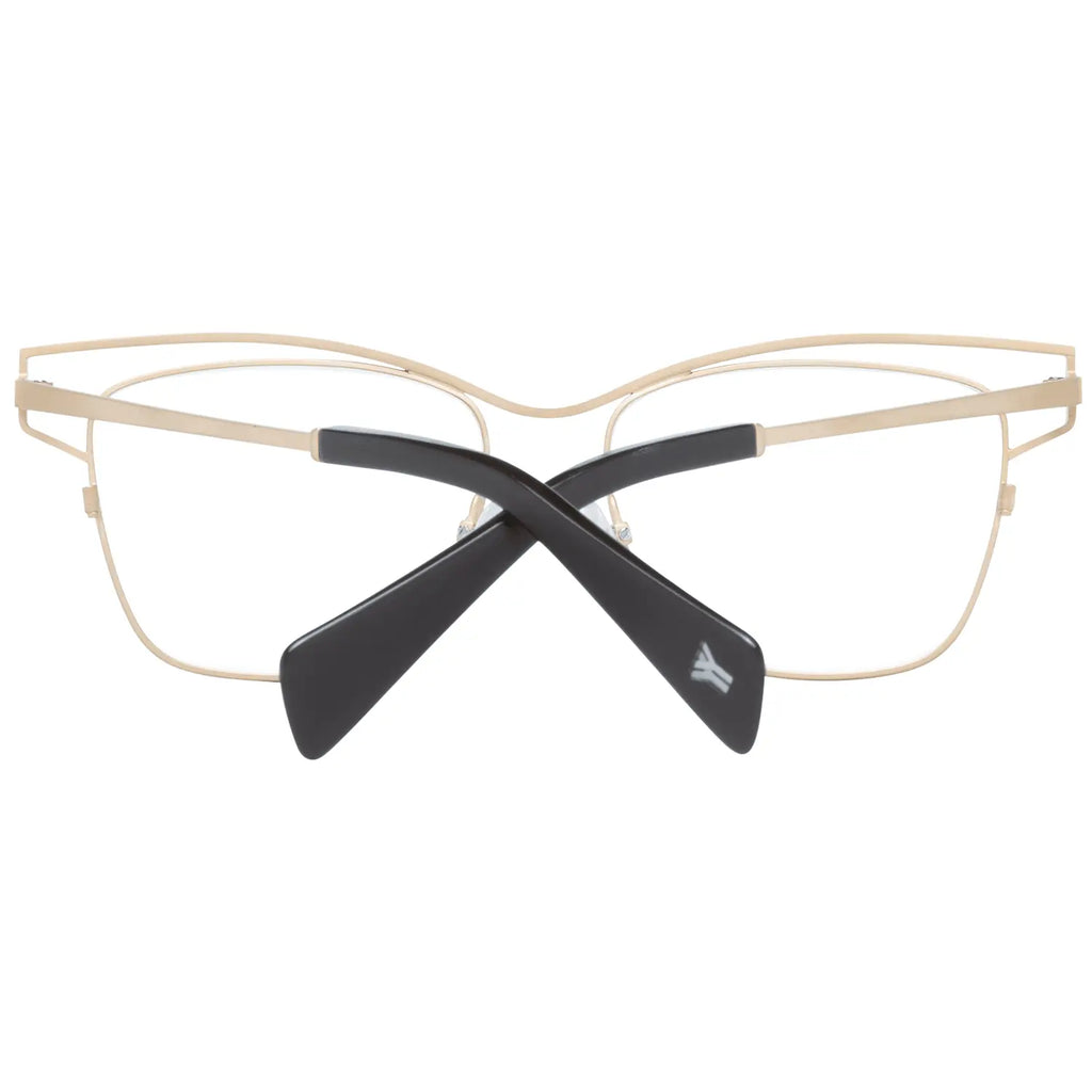 Gold titanium rectangular glasses frames with thin metal arms and black temple tips.