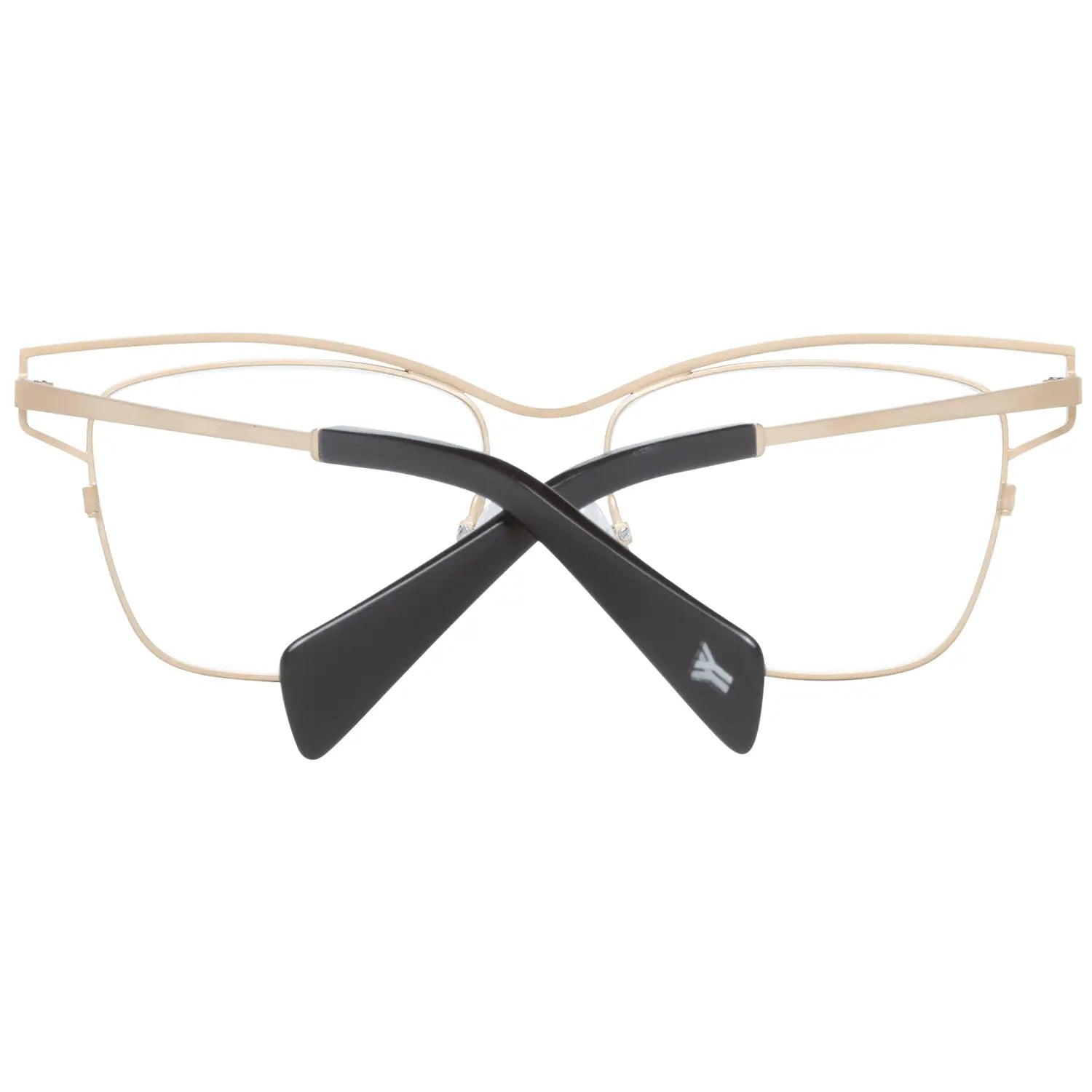 Gold titanium rectangular glasses frames with thin metal arms and black temple tips.